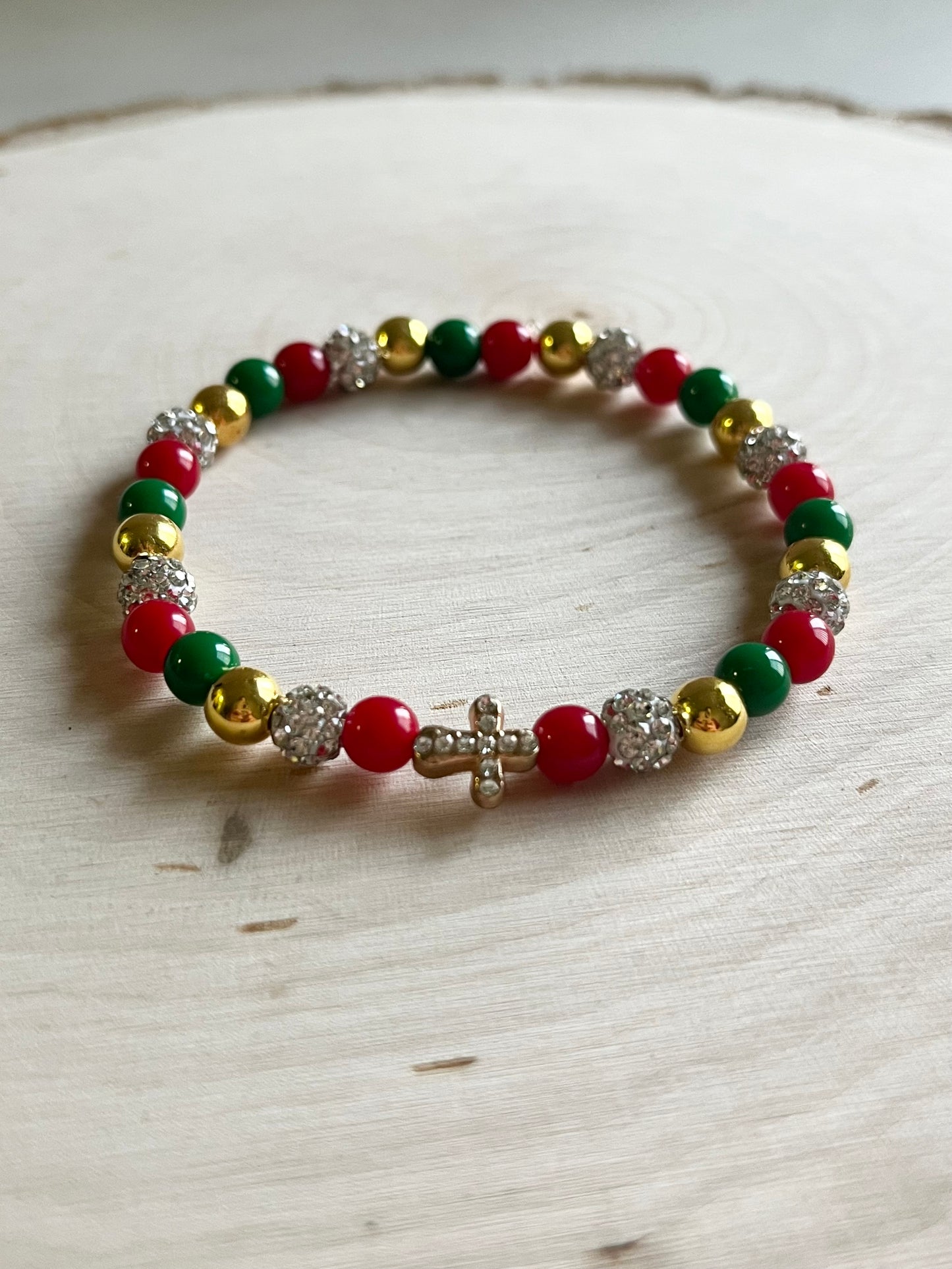 Noel Christmas Cross Bead Bracelet – Faith-Inspired Handmade Jewelry Gift for Christian Women, Holiday Red and Gold Beaded Design