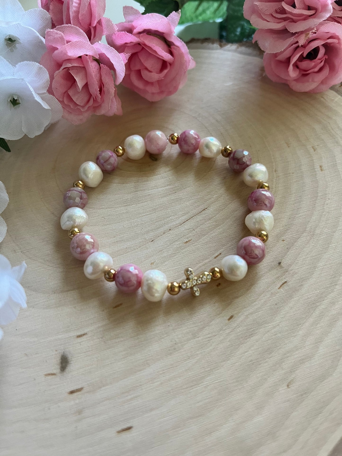 Pink pearl cross bracelet with gold charm, Christian stretch jewelry
