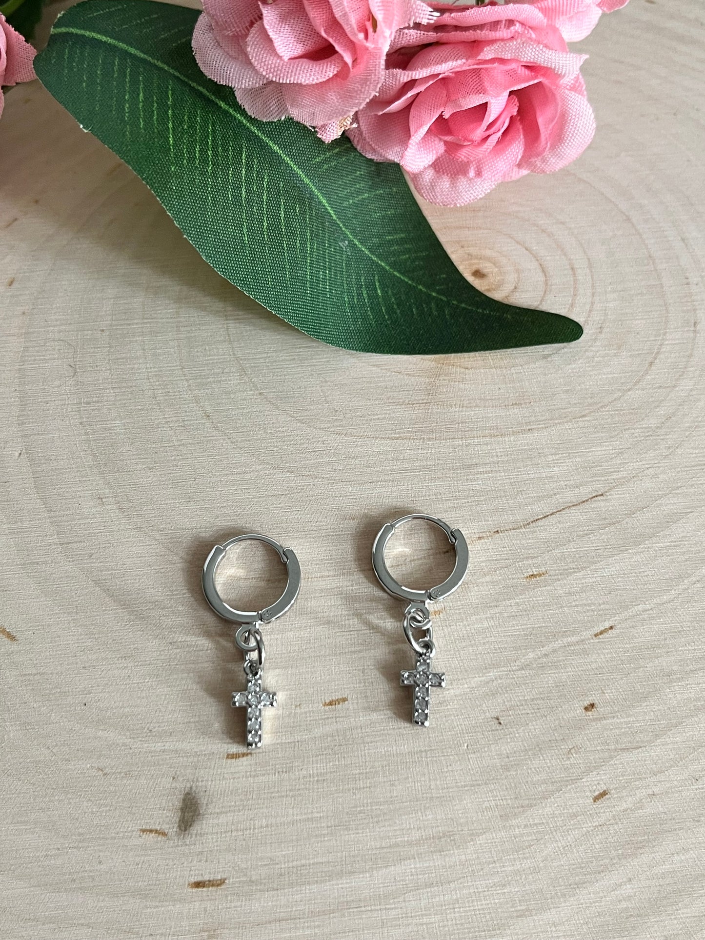 Silver Cross Huggie Hoop Earrings with Lever-Back Closure, 11x12mm Faith-Based Jewelry for Women