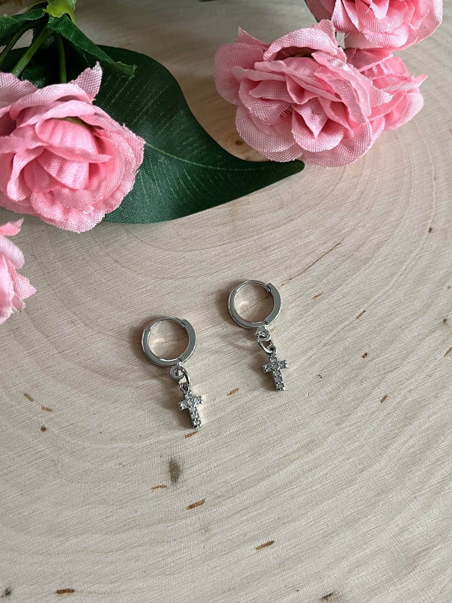 Silver Cross Huggie Hoop Earrings with Lever-Back Closure, 11x12mm Faith-Based Jewelry for Women