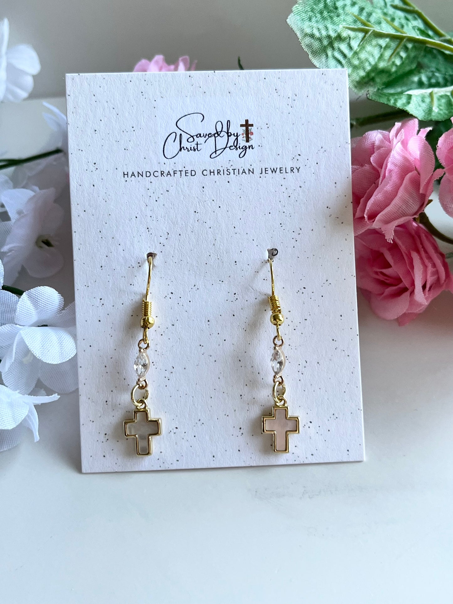 Mother of Pearl Cross Earrings with 18K gold-filled hooks, Christian faith jewelry for women
