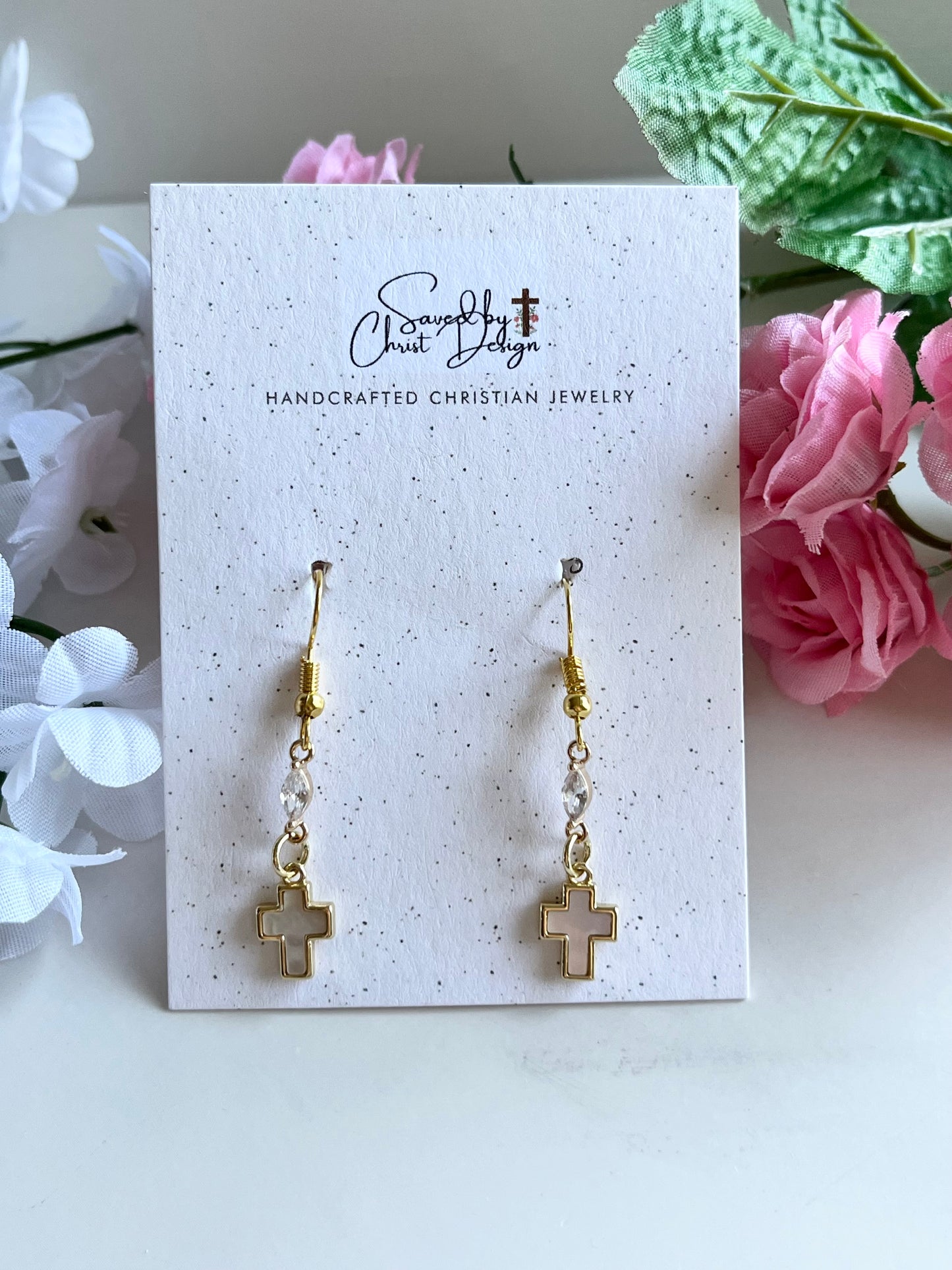 Mother of Pearl Cross Earrings with 18K gold-filled hooks, Christian faith jewelry for women
