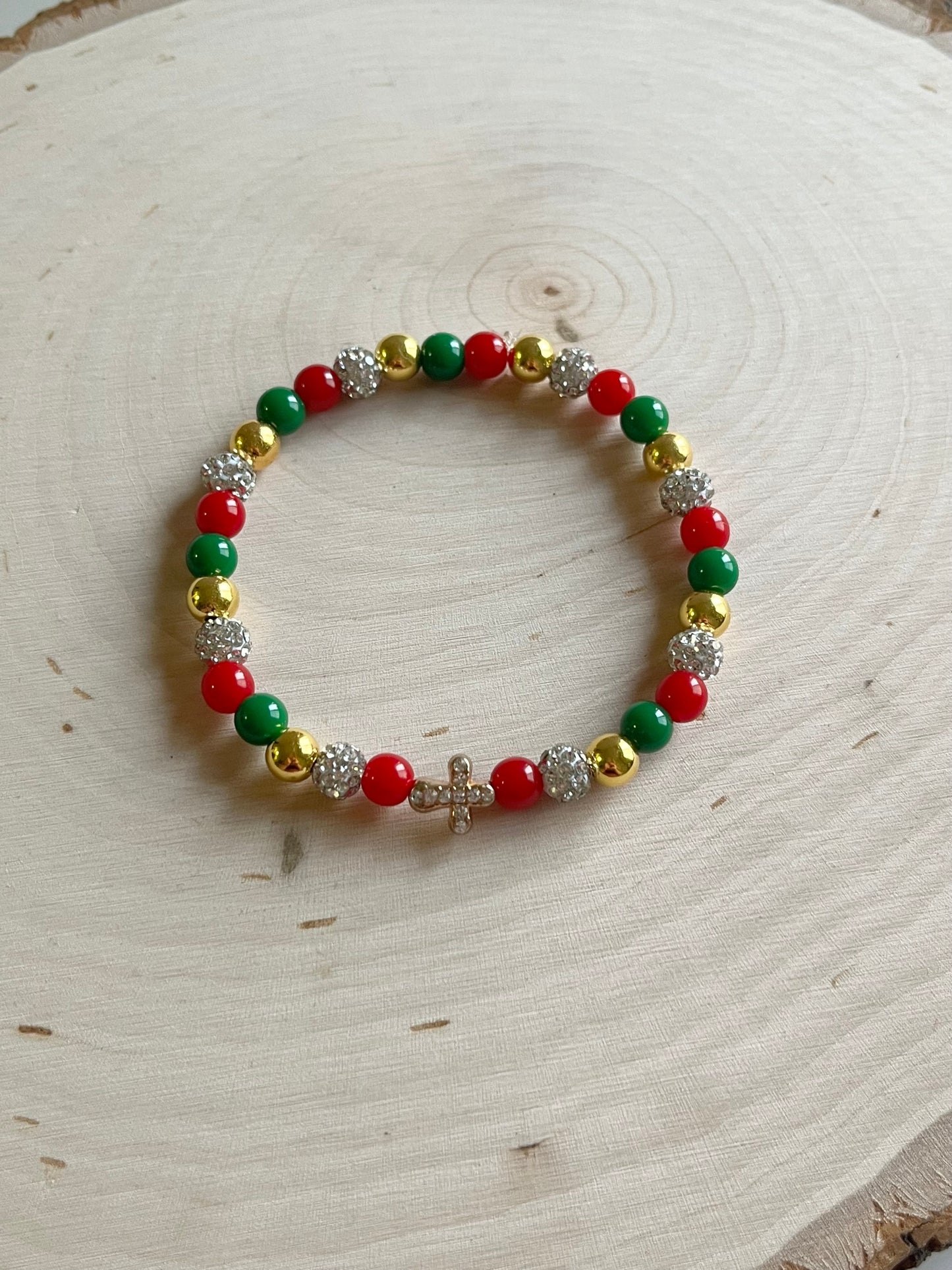 Noel Christmas Cross Bead Bracelet – Faith-Inspired Handmade Jewelry Gift for Christian Women, Holiday Red and Gold Beaded Design