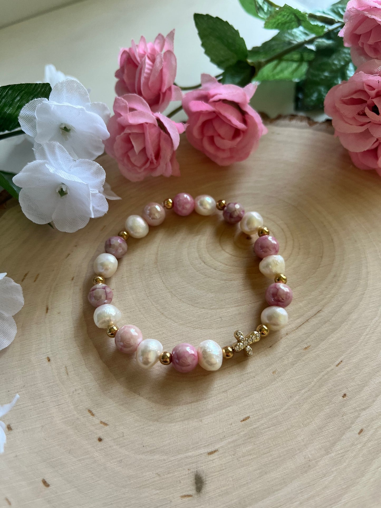 Pink pearl cross bracelet with gold charm, Christian stretch jewelry
