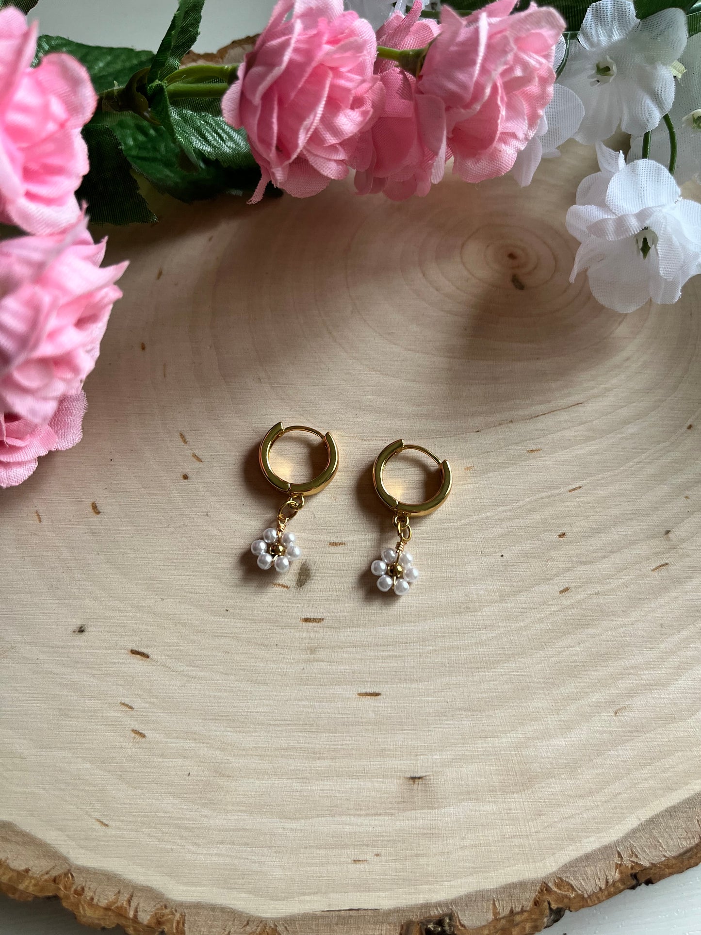 Gold floral huggie earrings with anti-tarnish finish – faith-inspired Christian jewelry