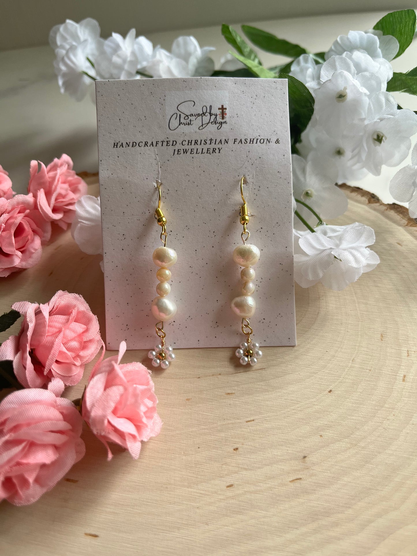 Pearl Daisy Gold Earrings with freshwater pearls – Christian jewelry for women