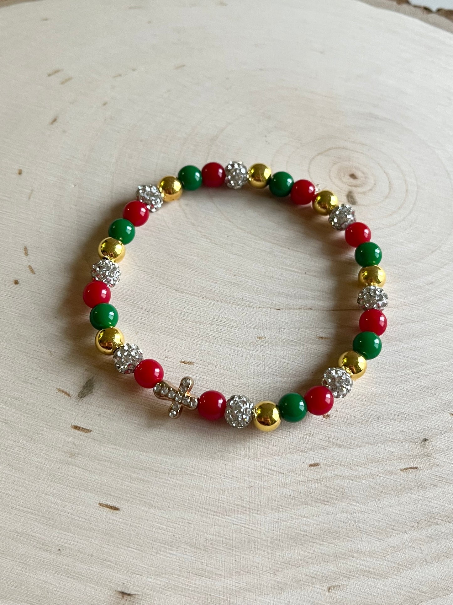 Noel Christmas Cross Bead Bracelet – Faith-Inspired Handmade Jewelry Gift for Christian Women, Holiday Red and Gold Beaded Design