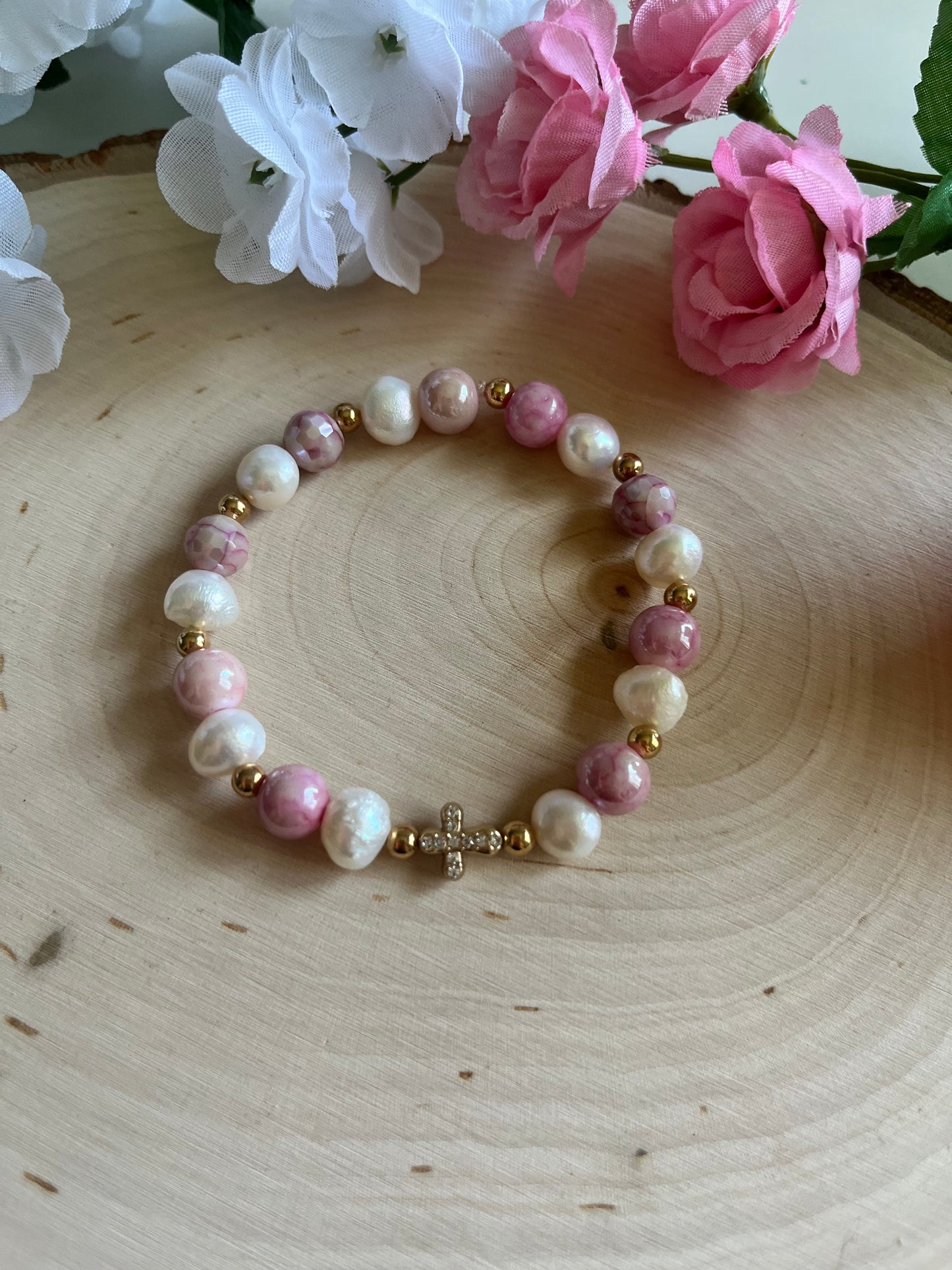 Pink pearl cross bracelet with gold charm, Christian stretch jewelry
