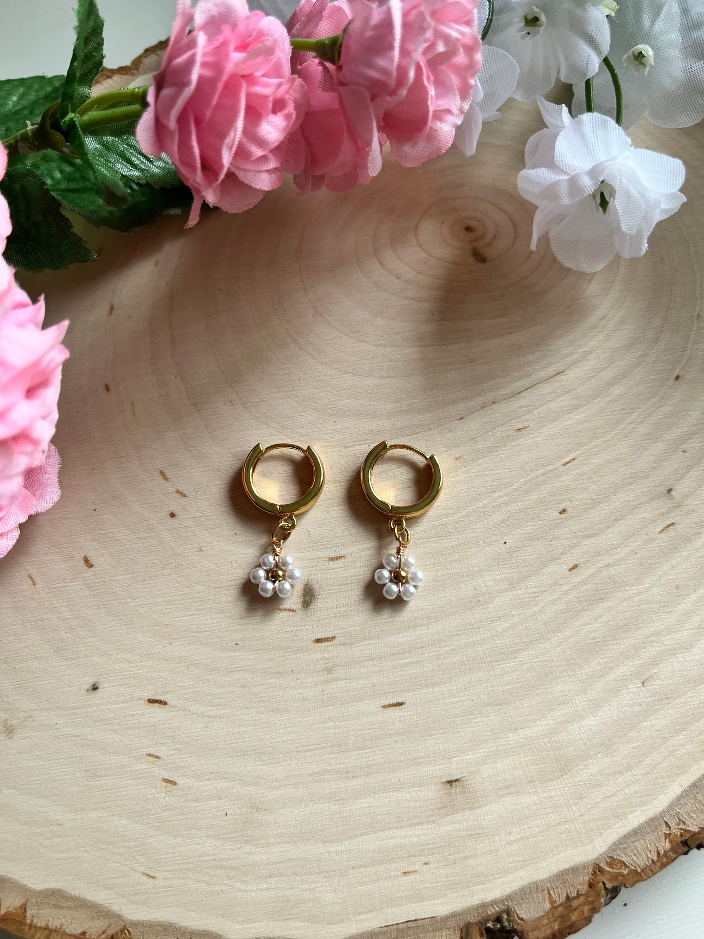 Gold floral huggie earrings with anti-tarnish finish – faith-inspired Christian jewelry