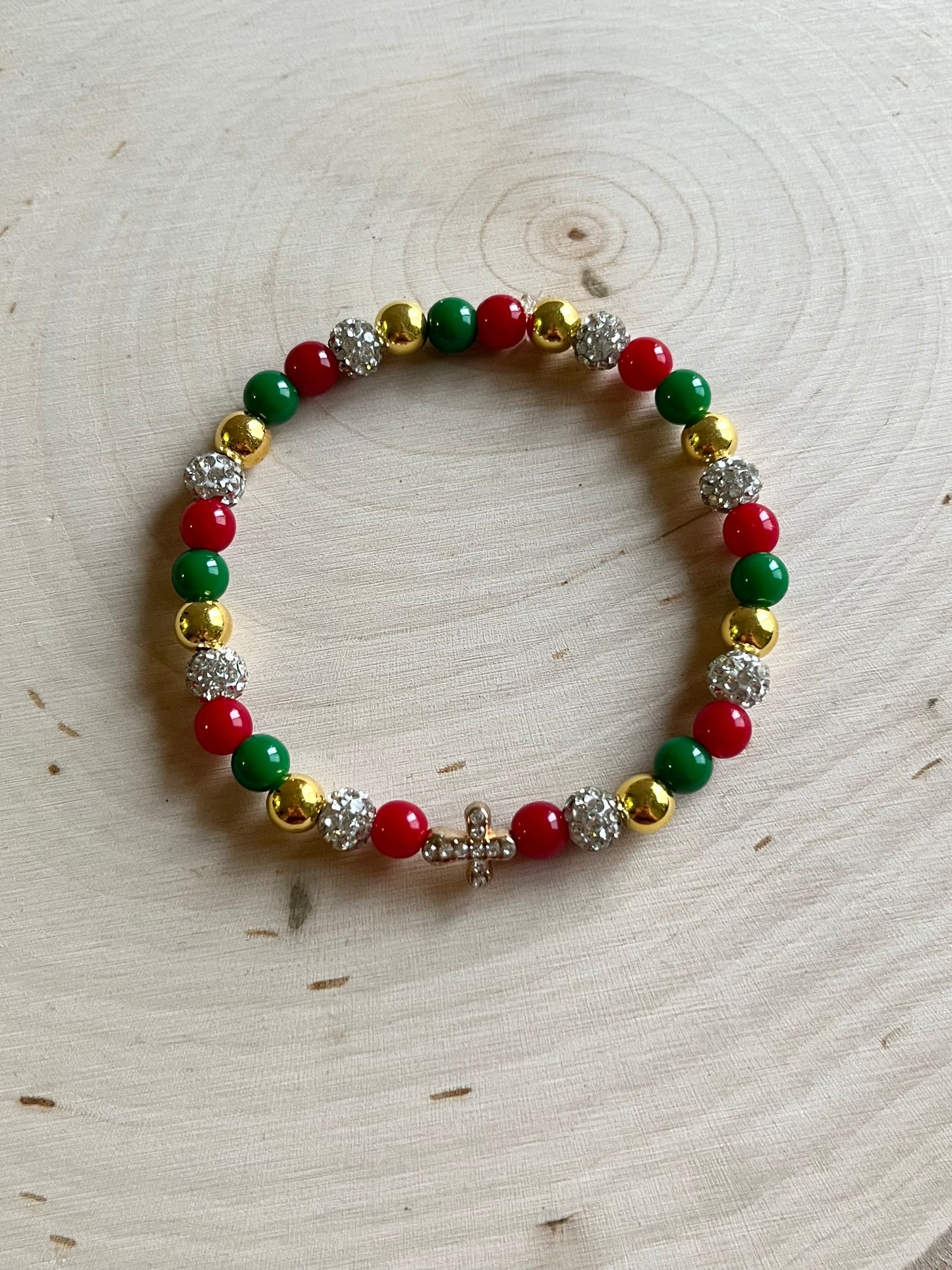 Noel Christmas Cross Bead Bracelet – Faith-Inspired Handmade Jewelry Gift for Christian Women, Holiday Red and Gold Beaded Design