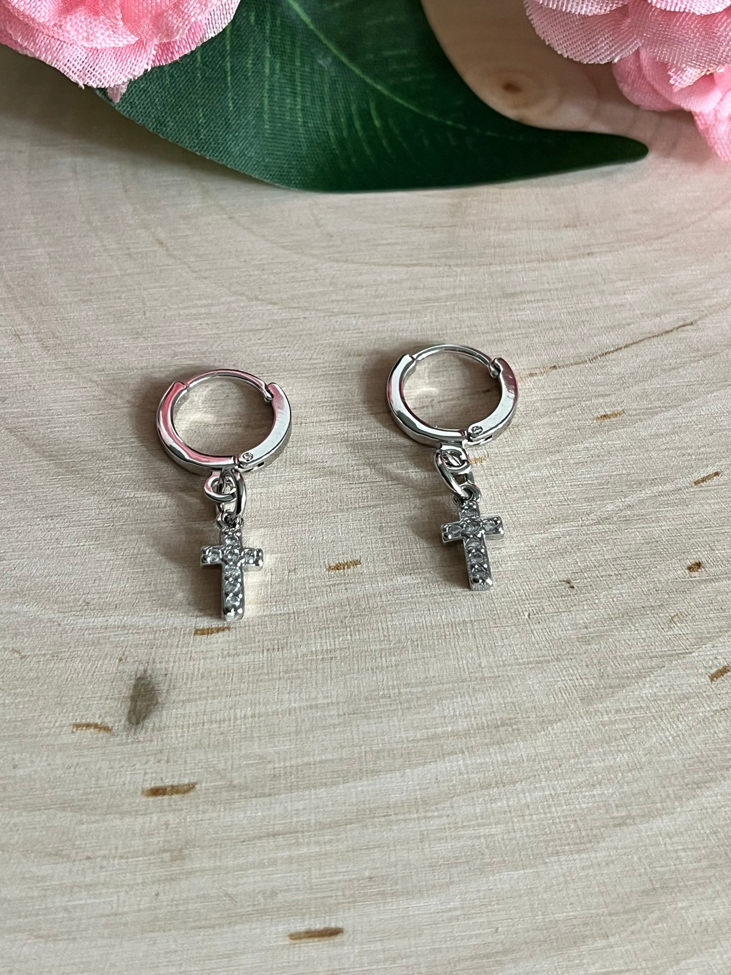 Silver Cross Huggie Hoop Earrings with Lever-Back Closure, 11x12mm Faith-Based Jewelry for Women