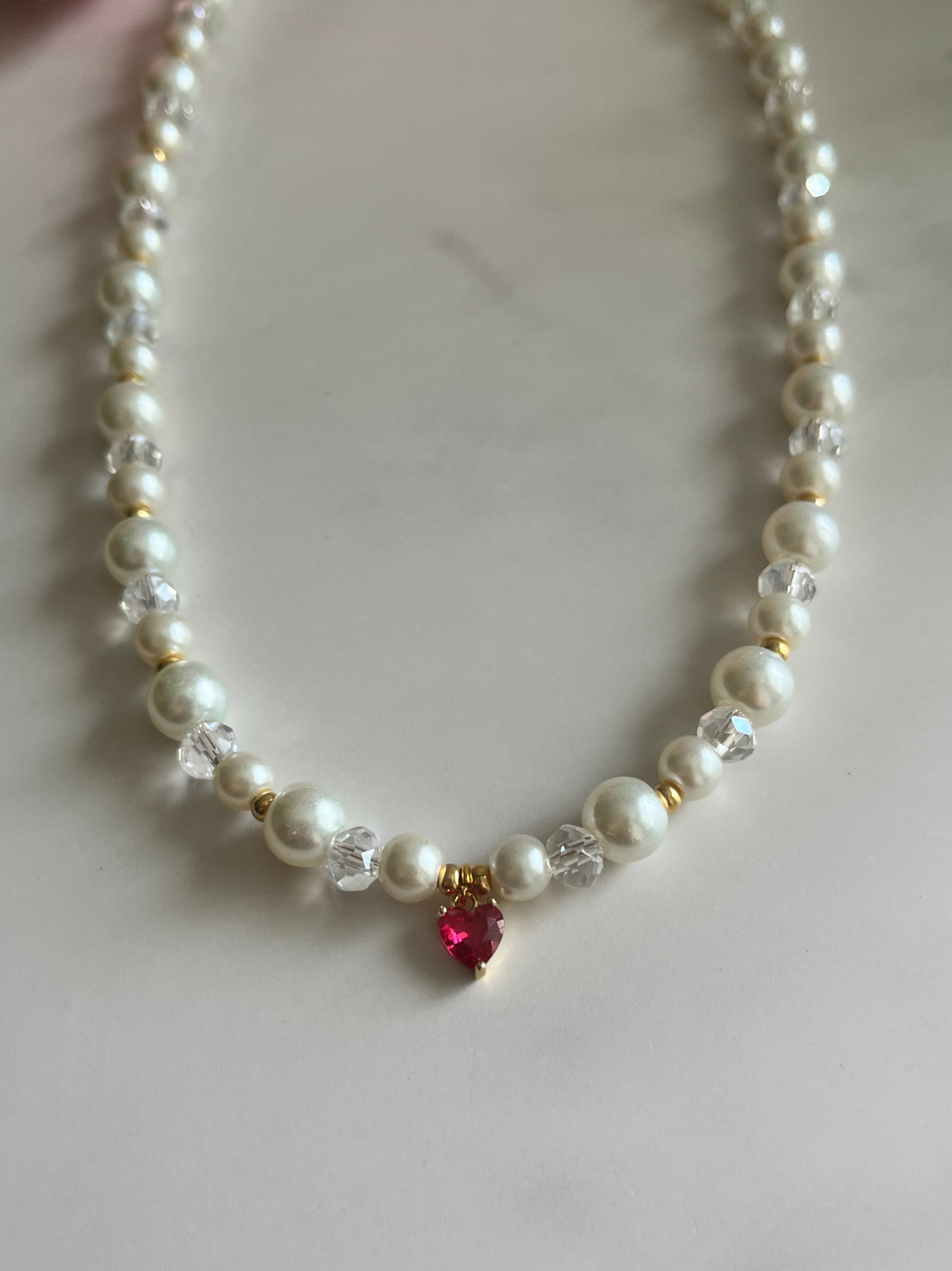 Christian gold necklace with pearl and glass beads and 18K gold-filled heart pendant