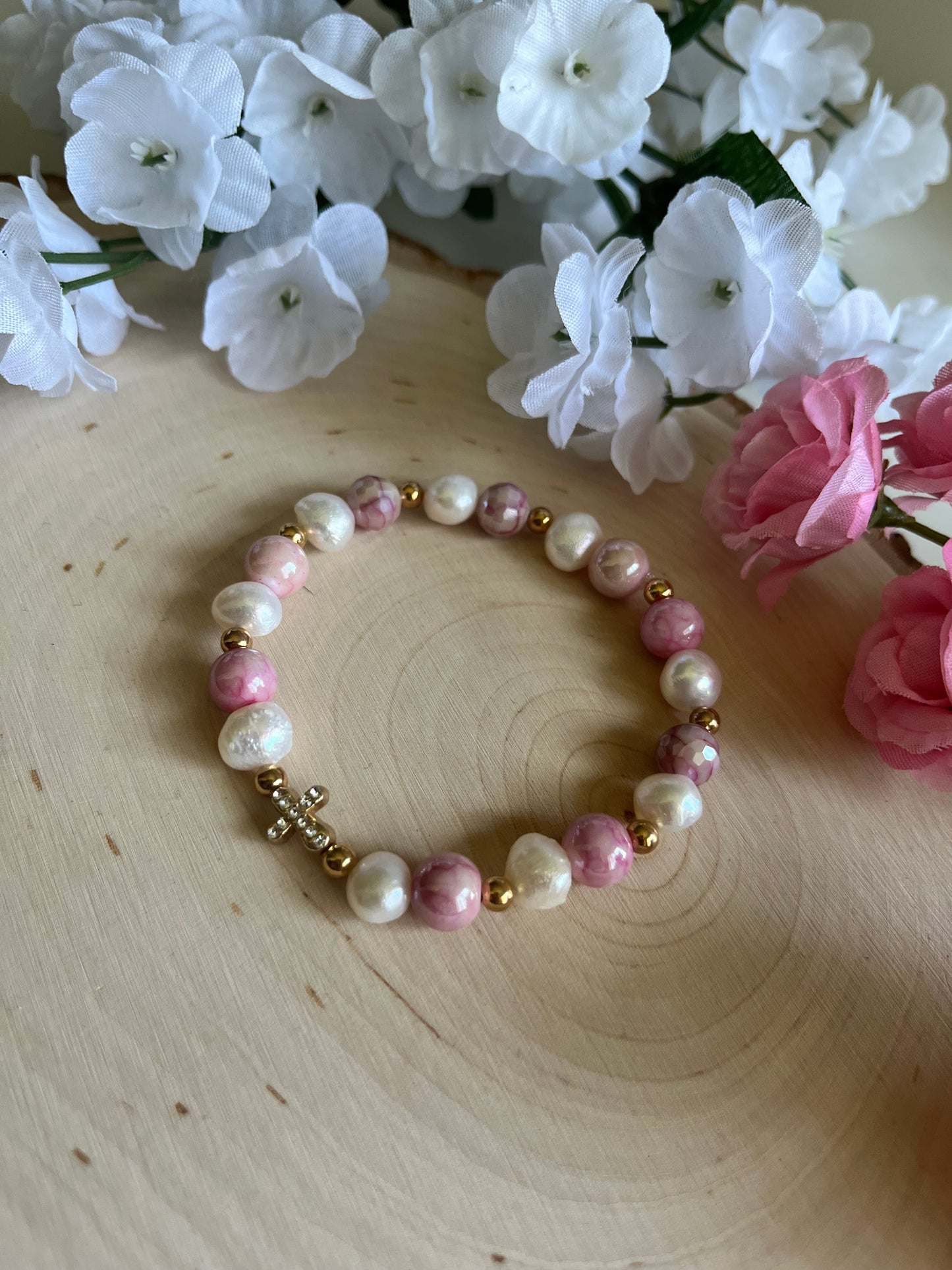 Pink pearl cross bracelet with gold charm, Christian stretch jewelry