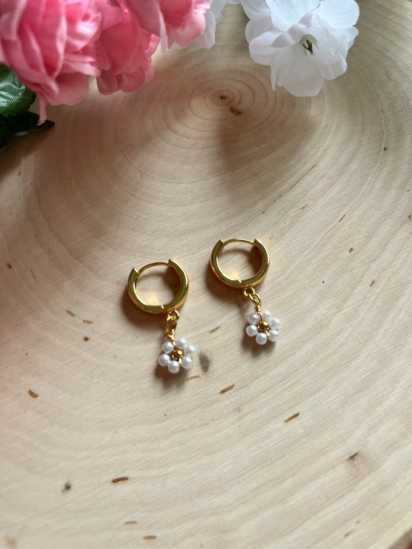 Gold floral huggie earrings with anti-tarnish finish – faith-inspired Christian jewelry