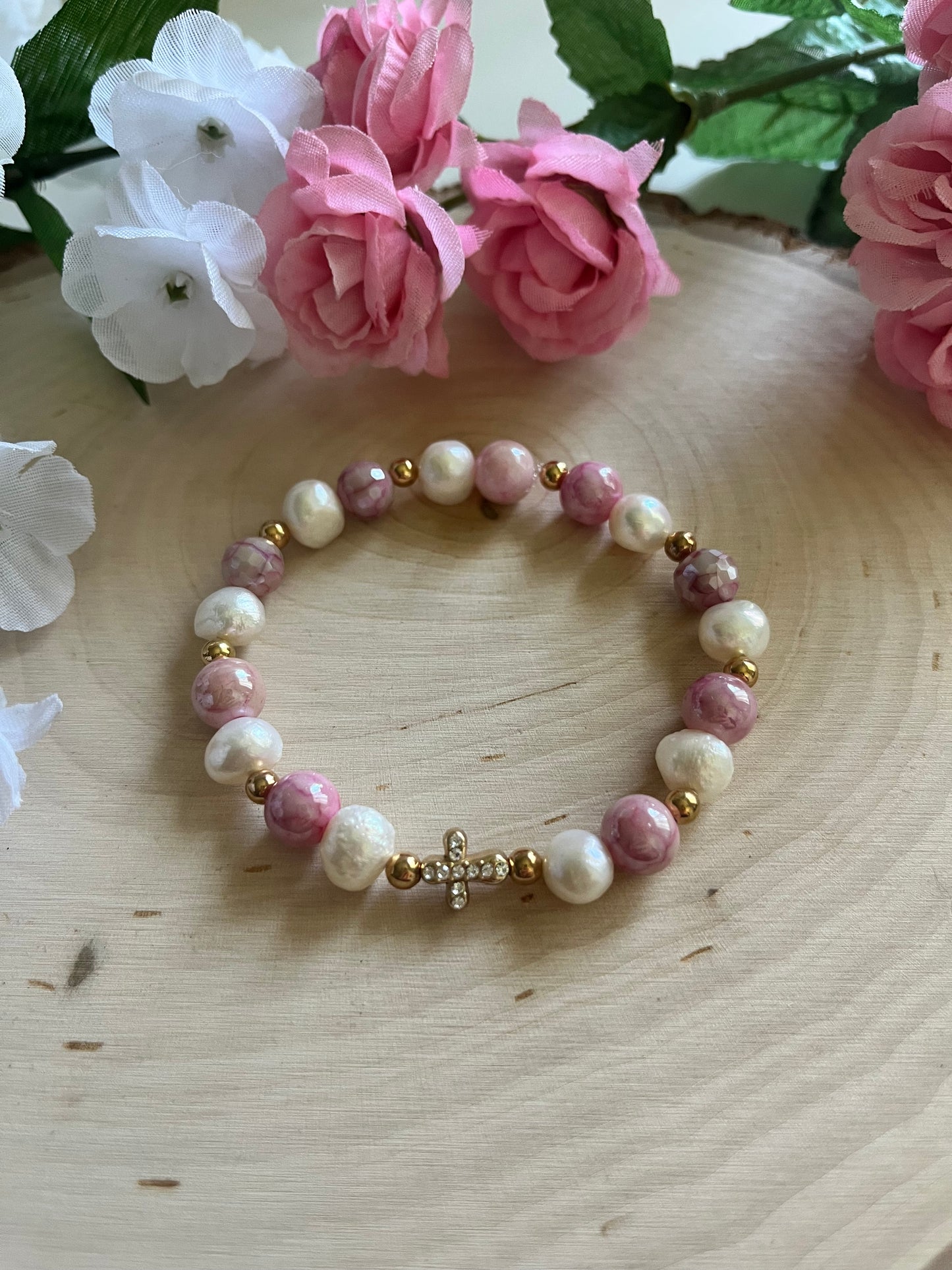 Pink pearl cross bracelet with gold charm, Christian stretch jewelry