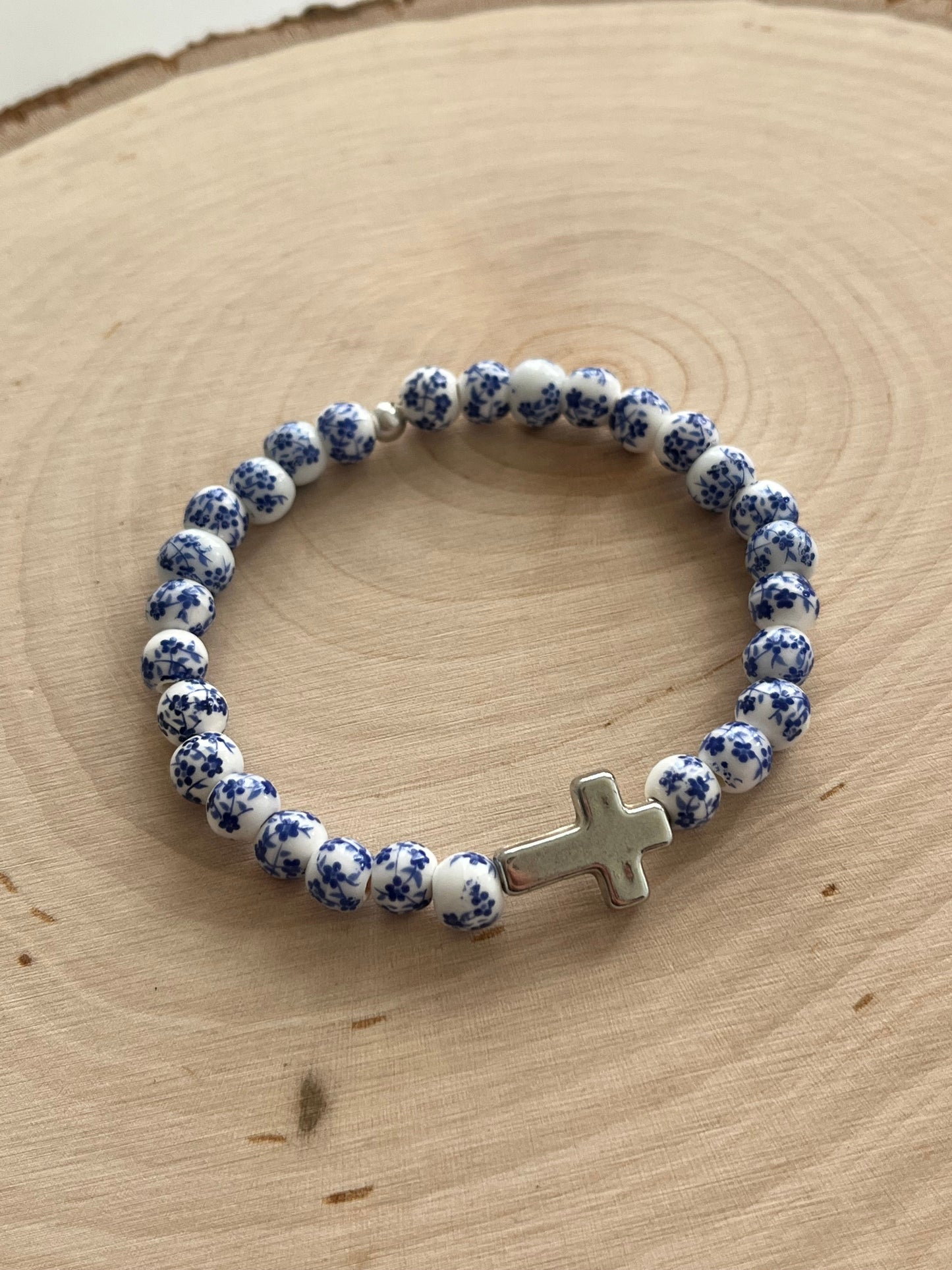 Blue floral cross bead bracelet, handmade Christian jewelry and faith gift for women