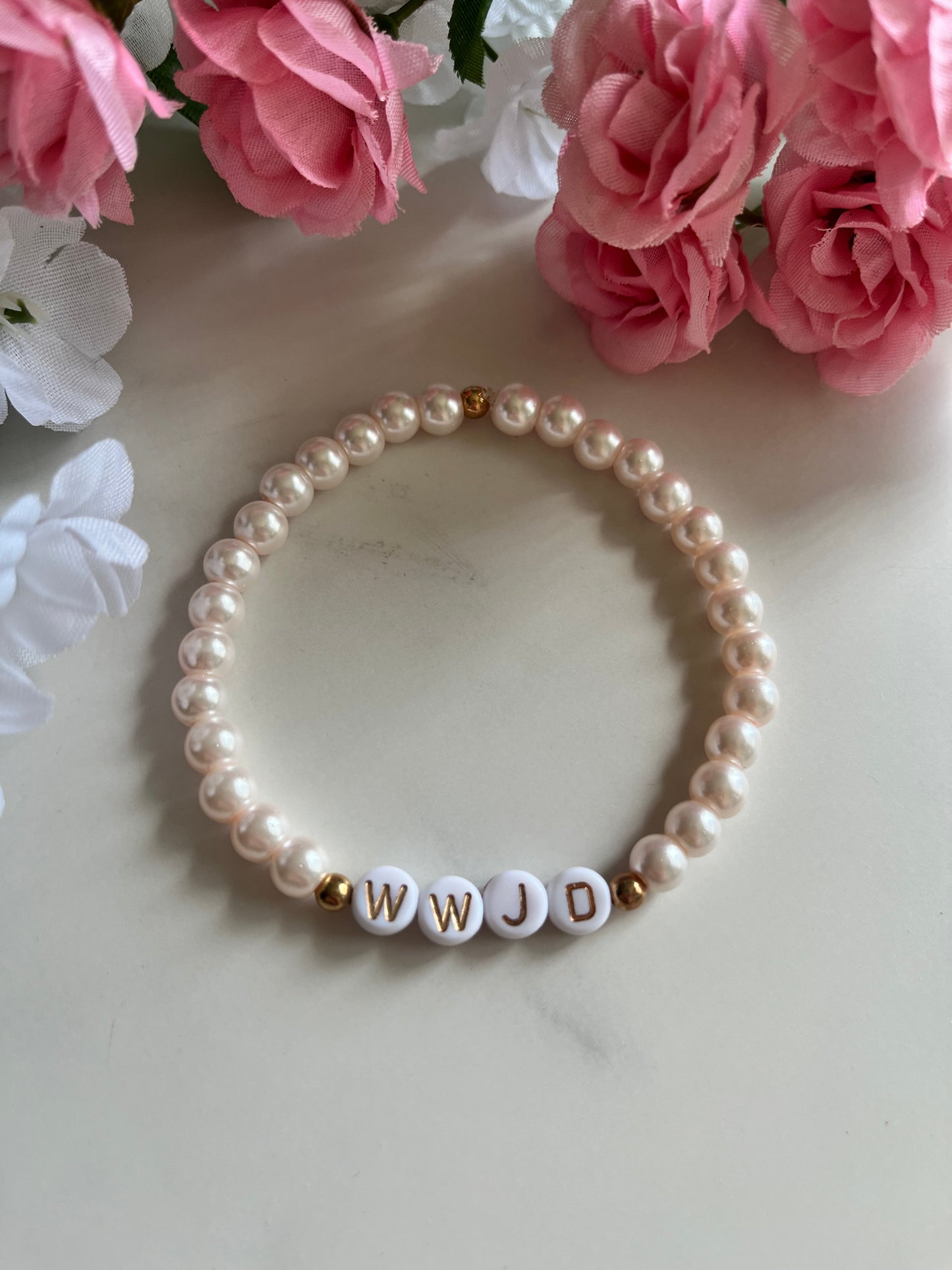 Pearl pink WWJD bracelet – Christian beaded jewelry