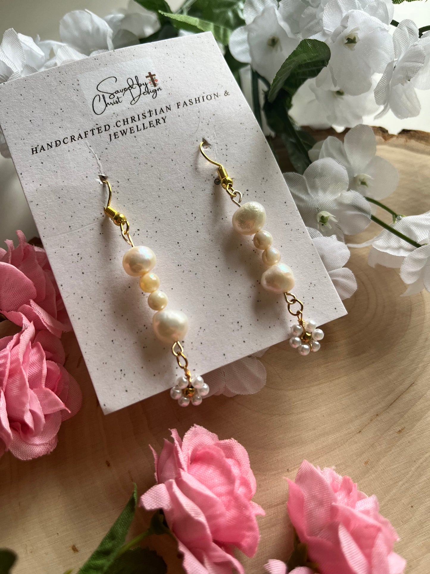 Pearl Daisy Gold Earrings with freshwater pearls – Christian jewelry for women