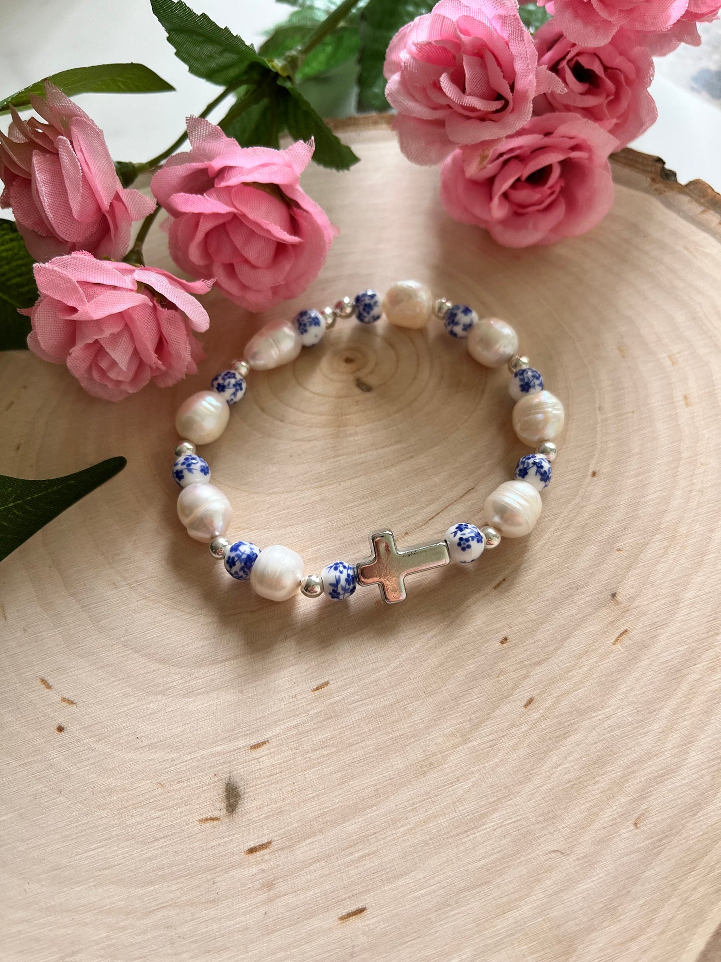Floral Pearl Cross Bracelet – Christian Jewelry for Women