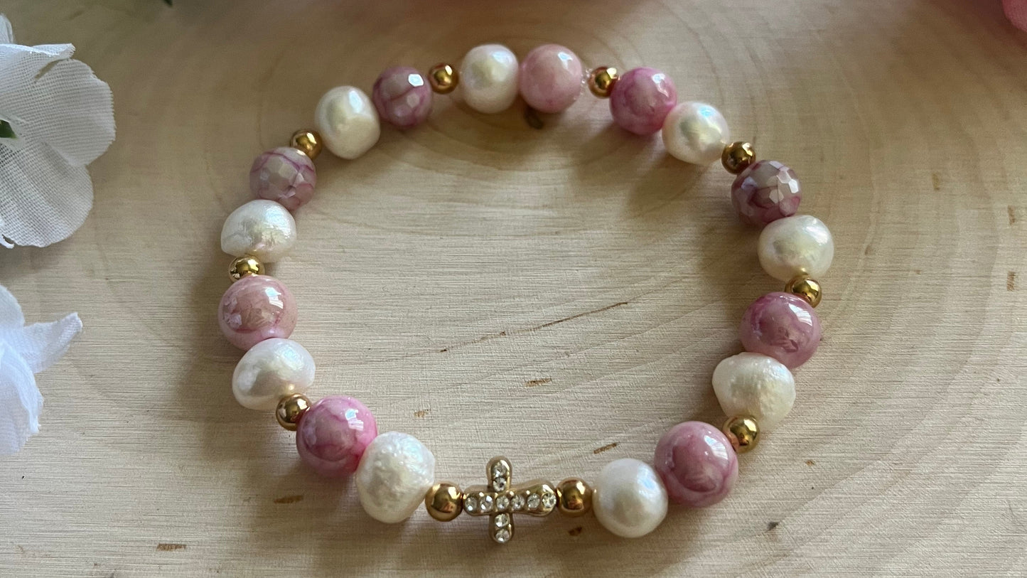 Pink pearl cross bracelet with gold charm, Christian stretch jewelry