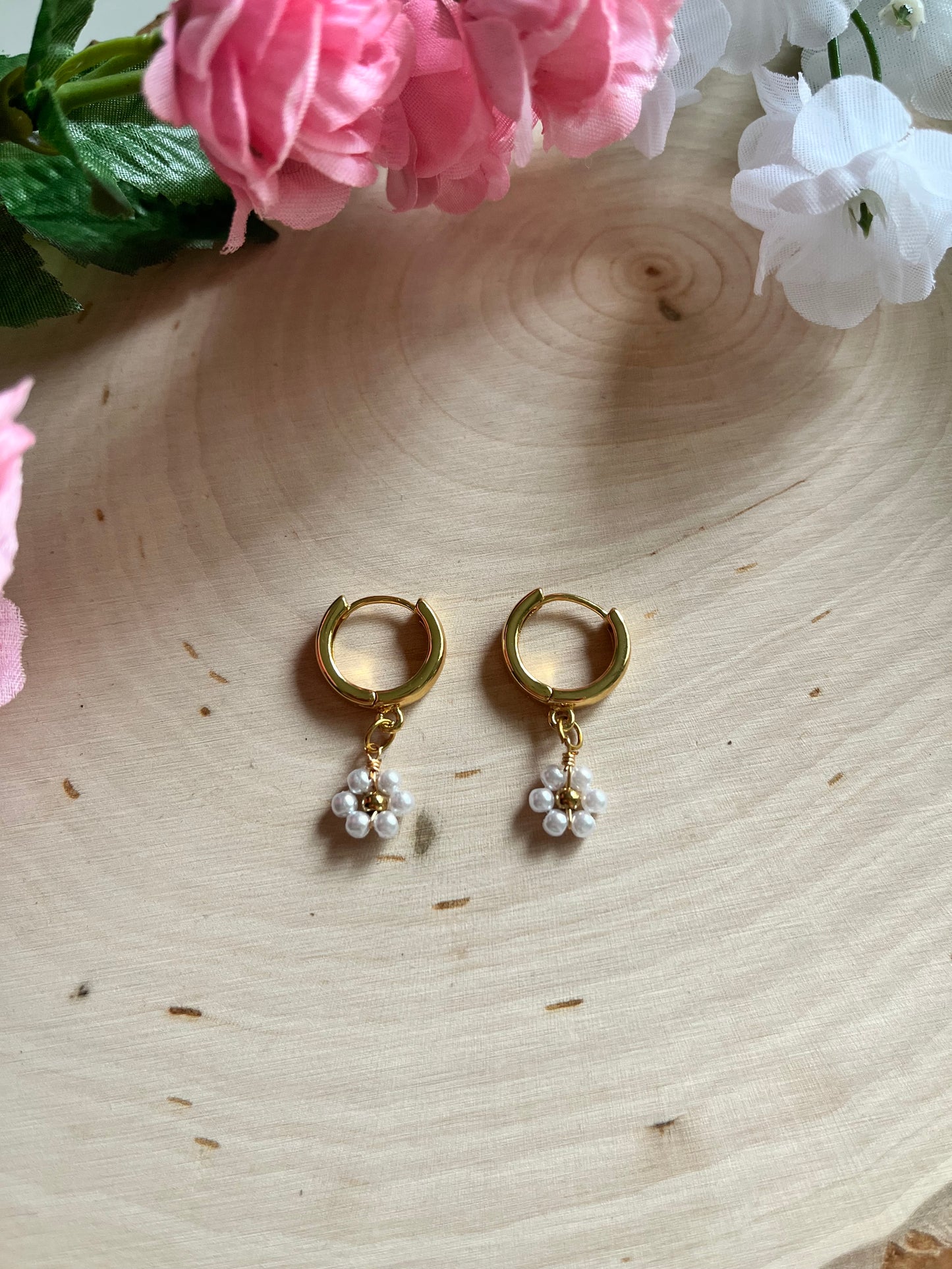 Gold floral huggie earrings with anti-tarnish finish – faith-inspired Christian jewelry