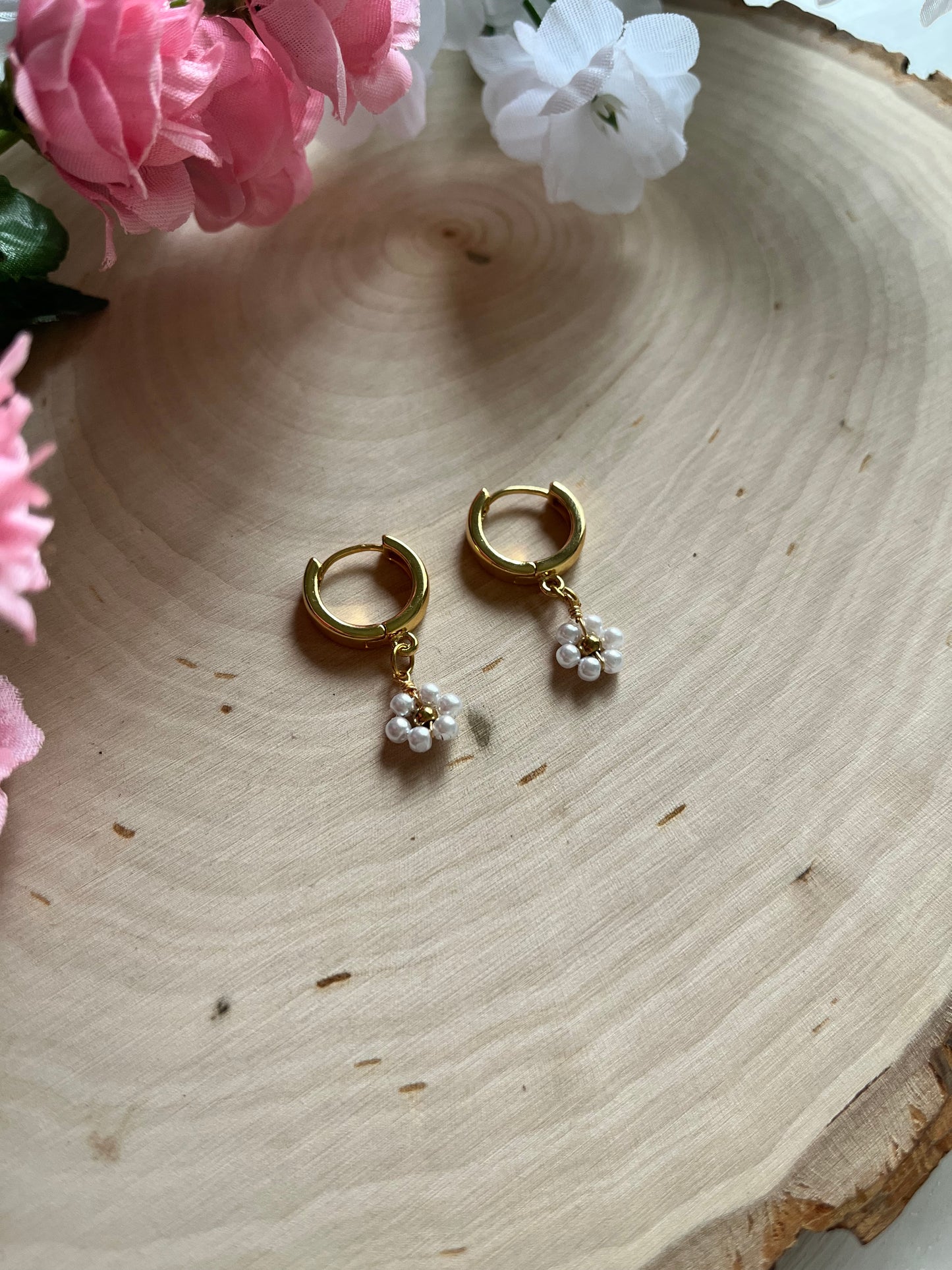 Gold floral huggie earrings with anti-tarnish finish – faith-inspired Christian jewelry