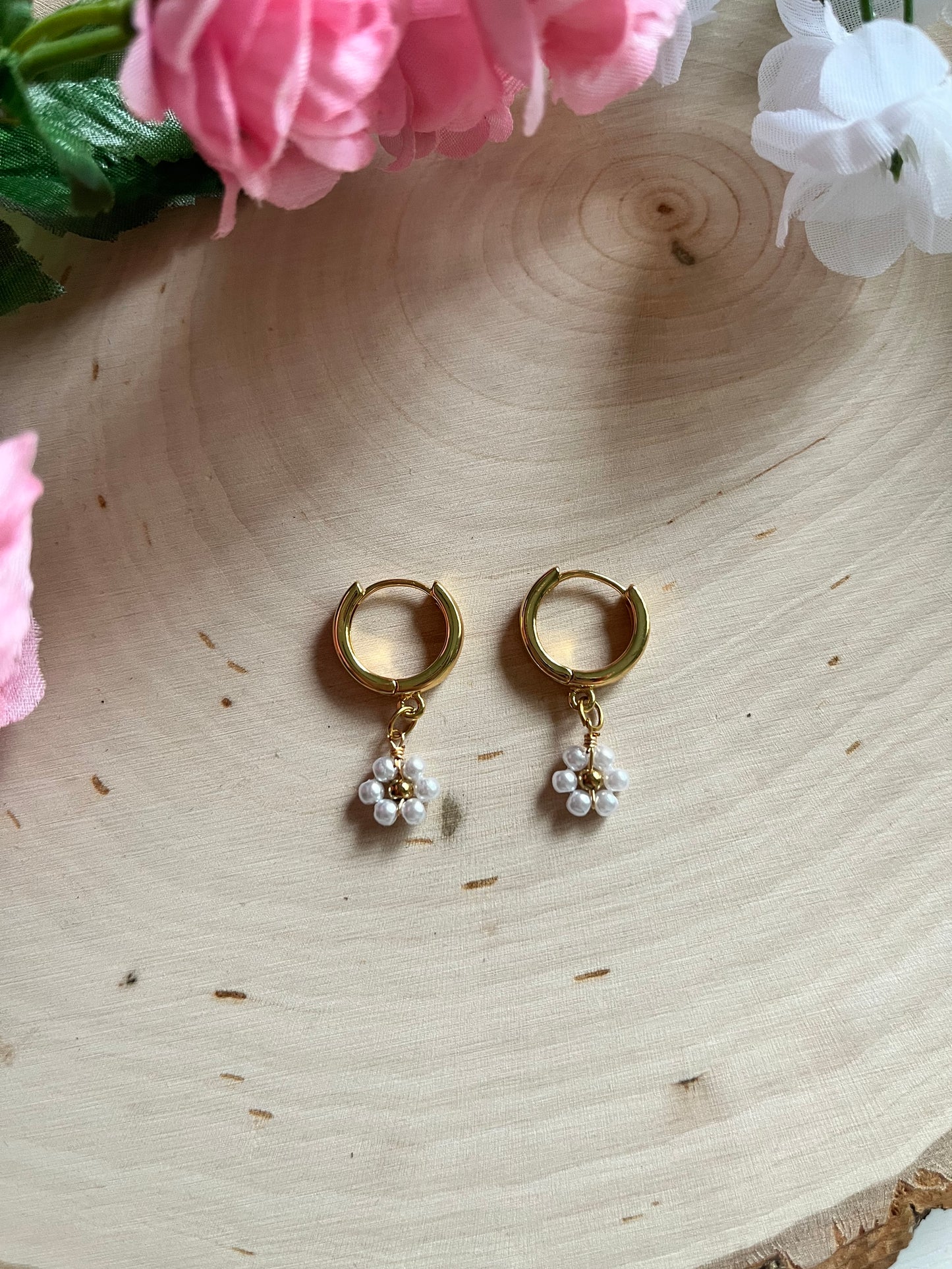 Gold floral huggie earrings with anti-tarnish finish – faith-inspired Christian jewelry