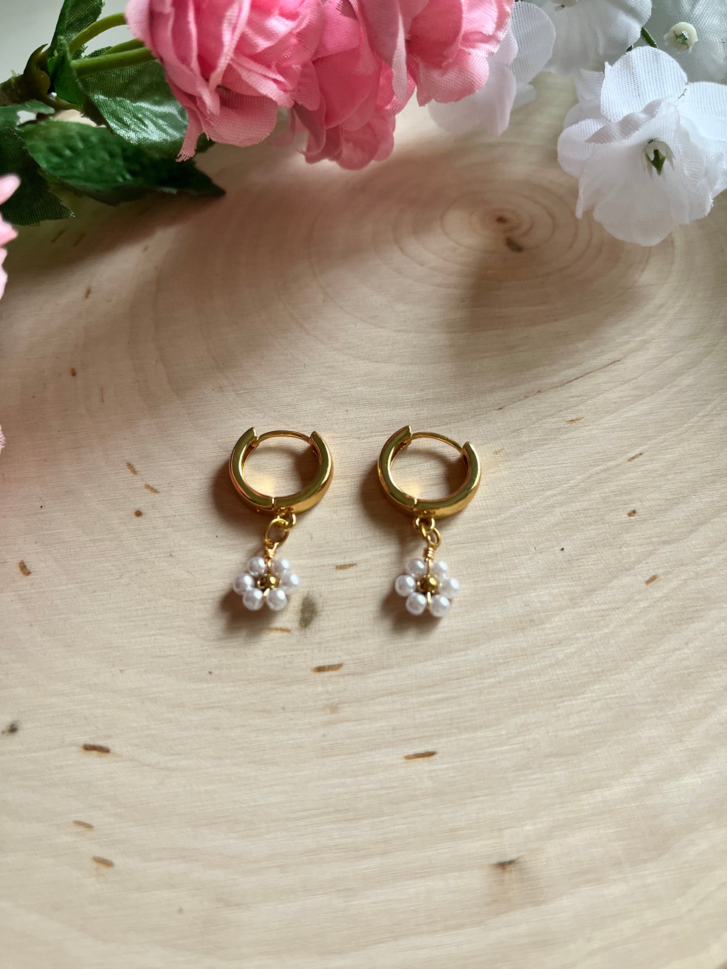 Gold floral huggie earrings with anti-tarnish finish – faith-inspired Christian jewelry