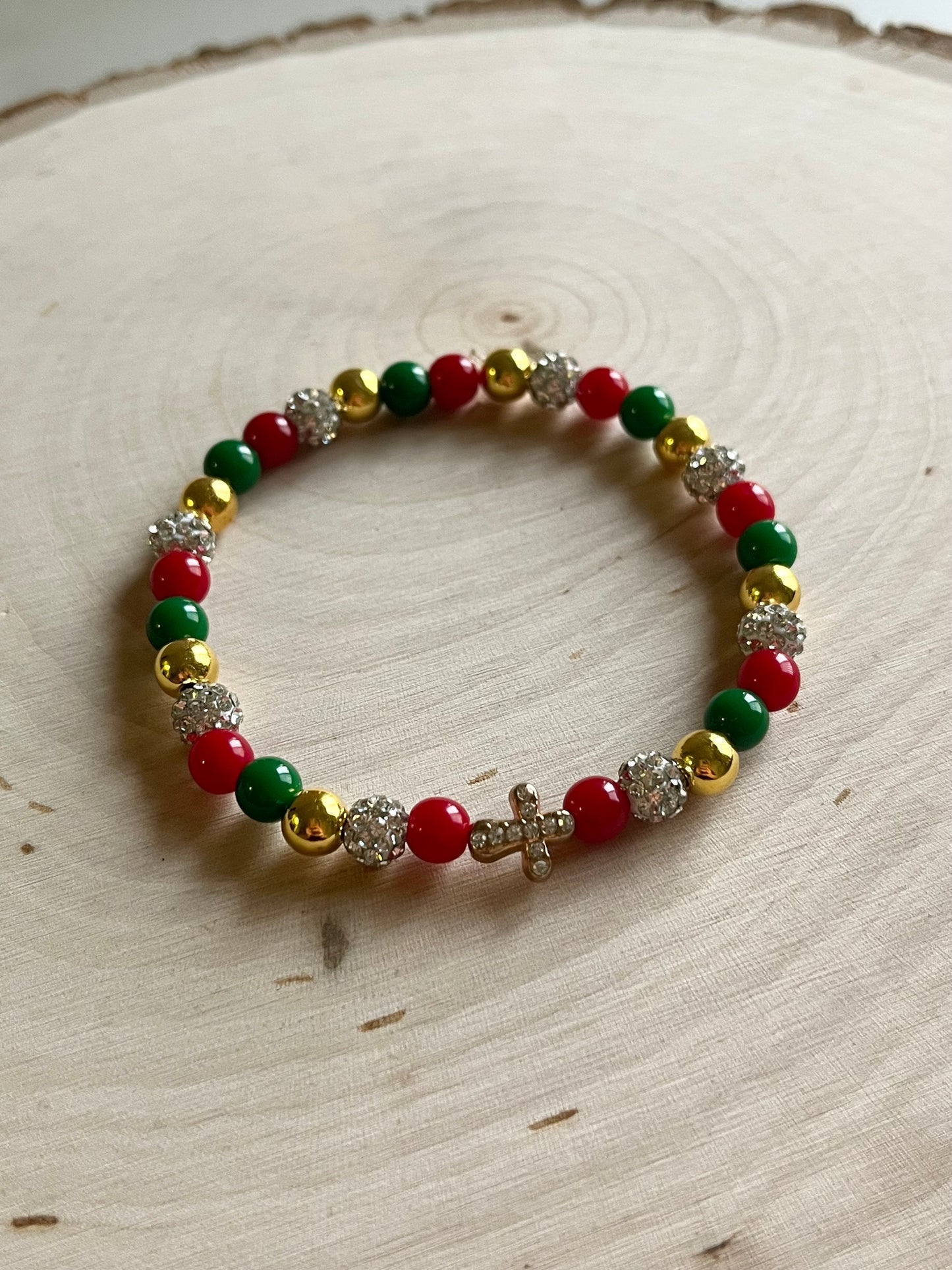 Noel Christmas Cross Bead Bracelet – Faith-Inspired Handmade Jewelry Gift for Christian Women, Holiday Red and Gold Beaded Design