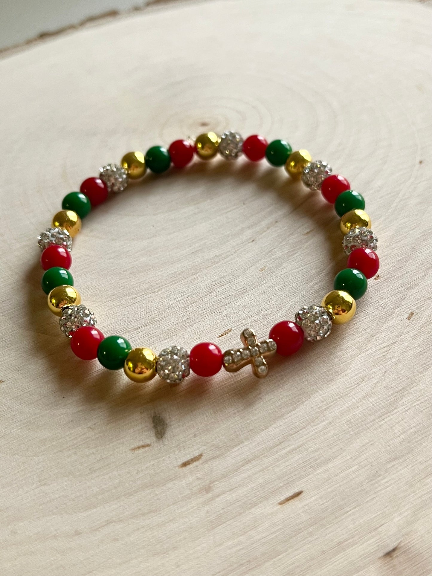 Noel Christmas Cross Bead Bracelet – Faith-Inspired Handmade Jewelry Gift for Christian Women, Holiday Red and Gold Beaded Design