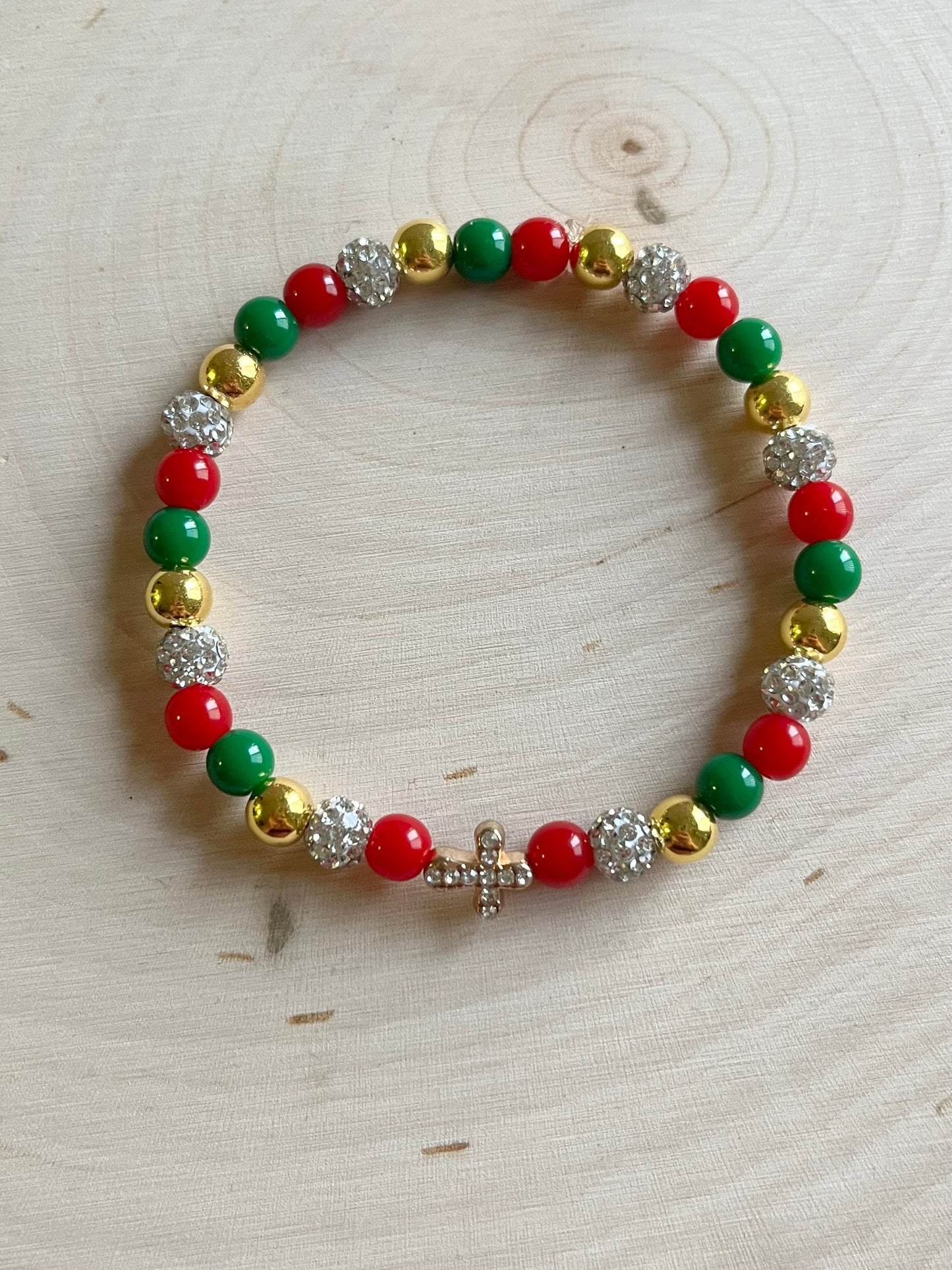 Noel Christmas Cross Bead Bracelet – Faith-Inspired Handmade Jewelry Gift for Christian Women, Holiday Red and Gold Beaded Design