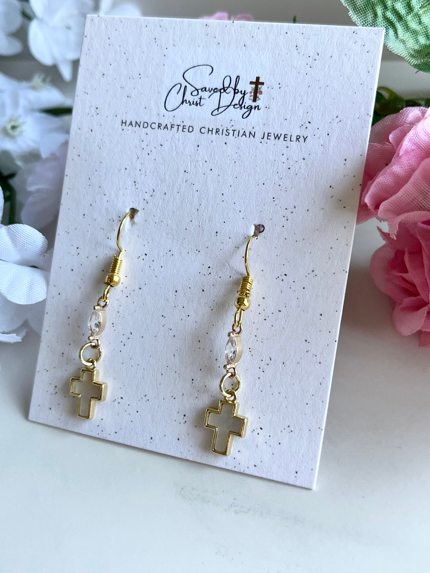 Mother of Pearl Cross Earrings with 18K gold-filled hooks, Christian faith jewelry for women