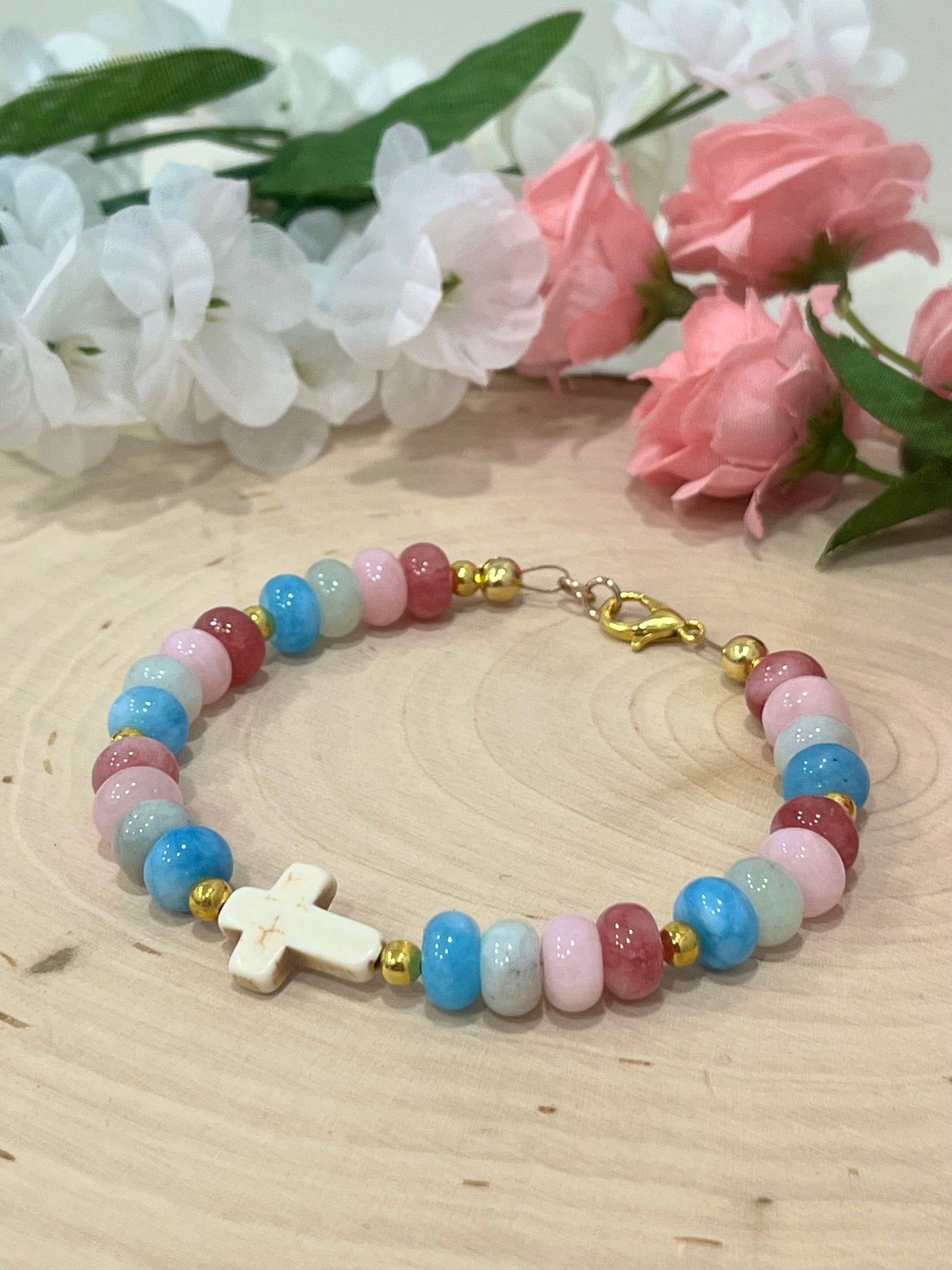 Fruit of the Spirit Cross Bracelet with stone beads and gold accents