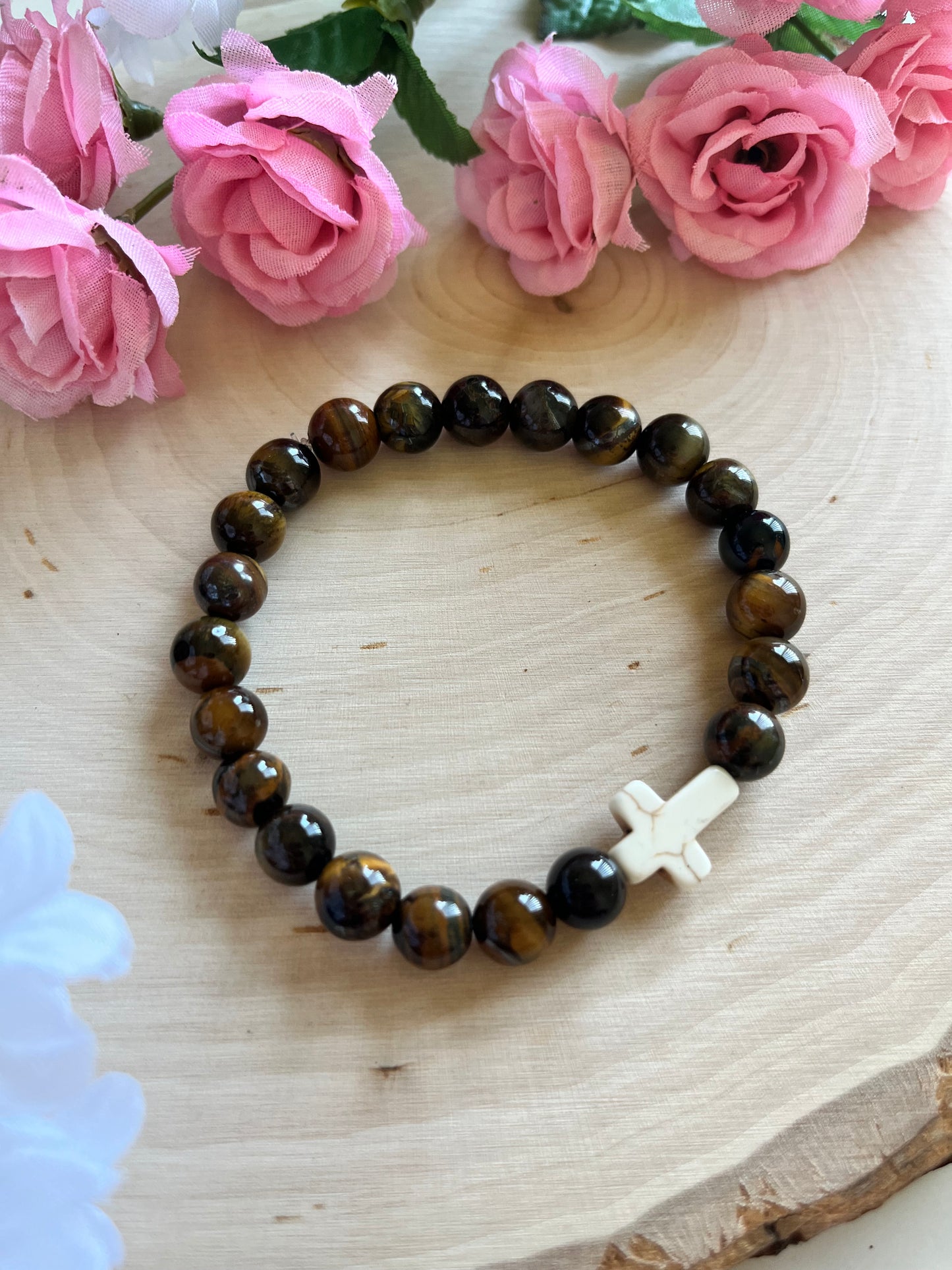 Tiger’s Eye cross bracelet with natural stone beads and faith-inspired design on stretch cord