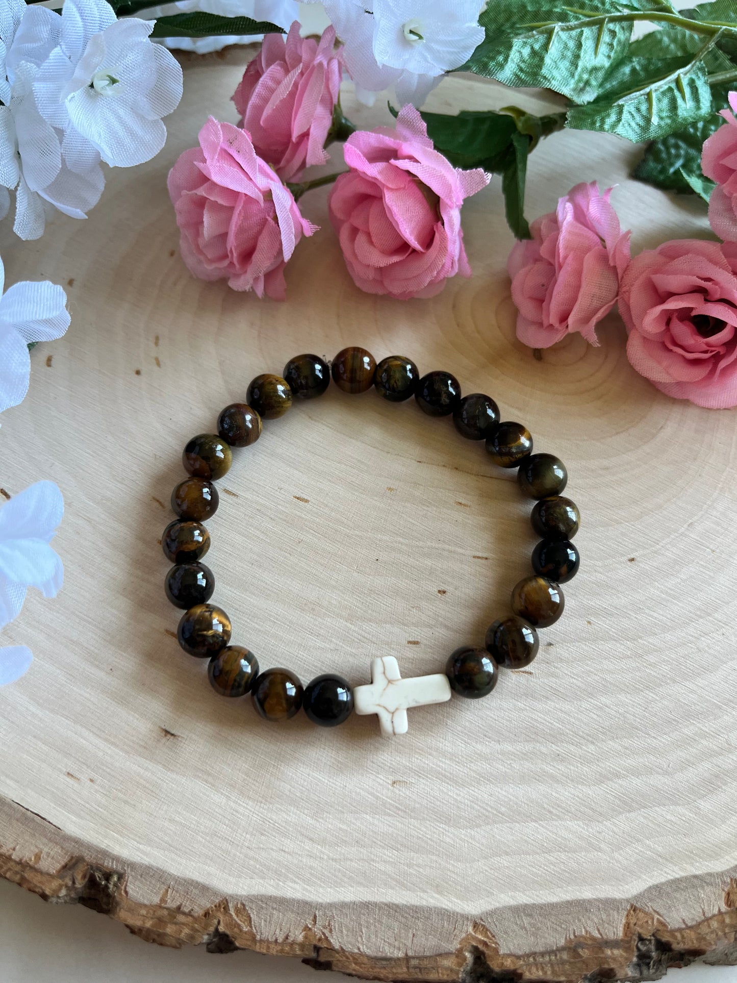 Tiger’s Eye cross bracelet with natural stone beads and faith-inspired design on stretch cord