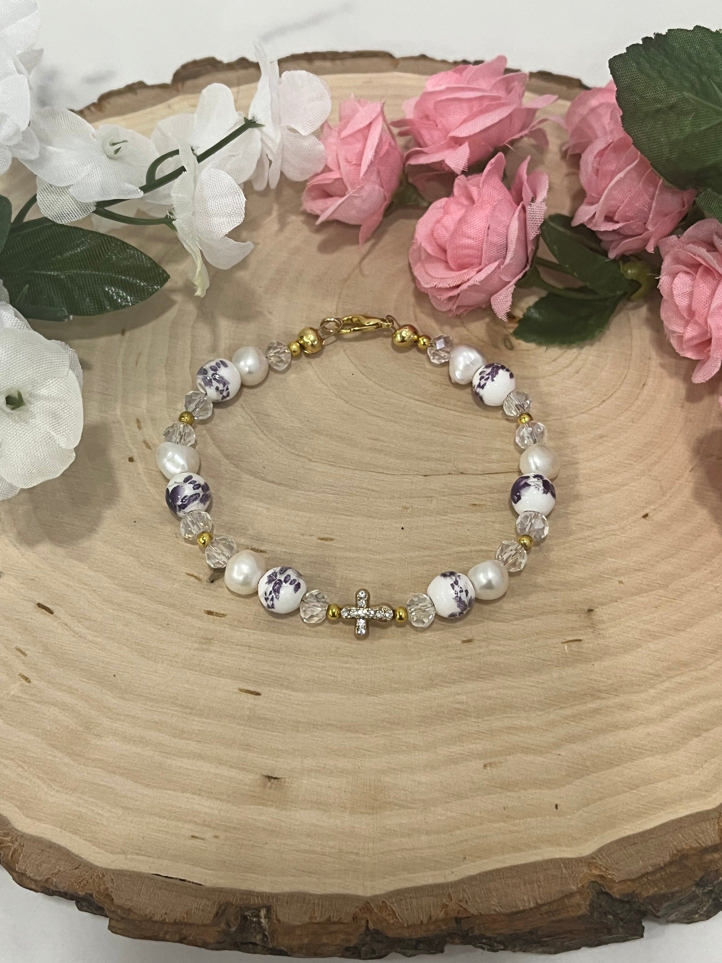 Handmade freshwater pearl floral cross bracelet on gold wire with crystal beads