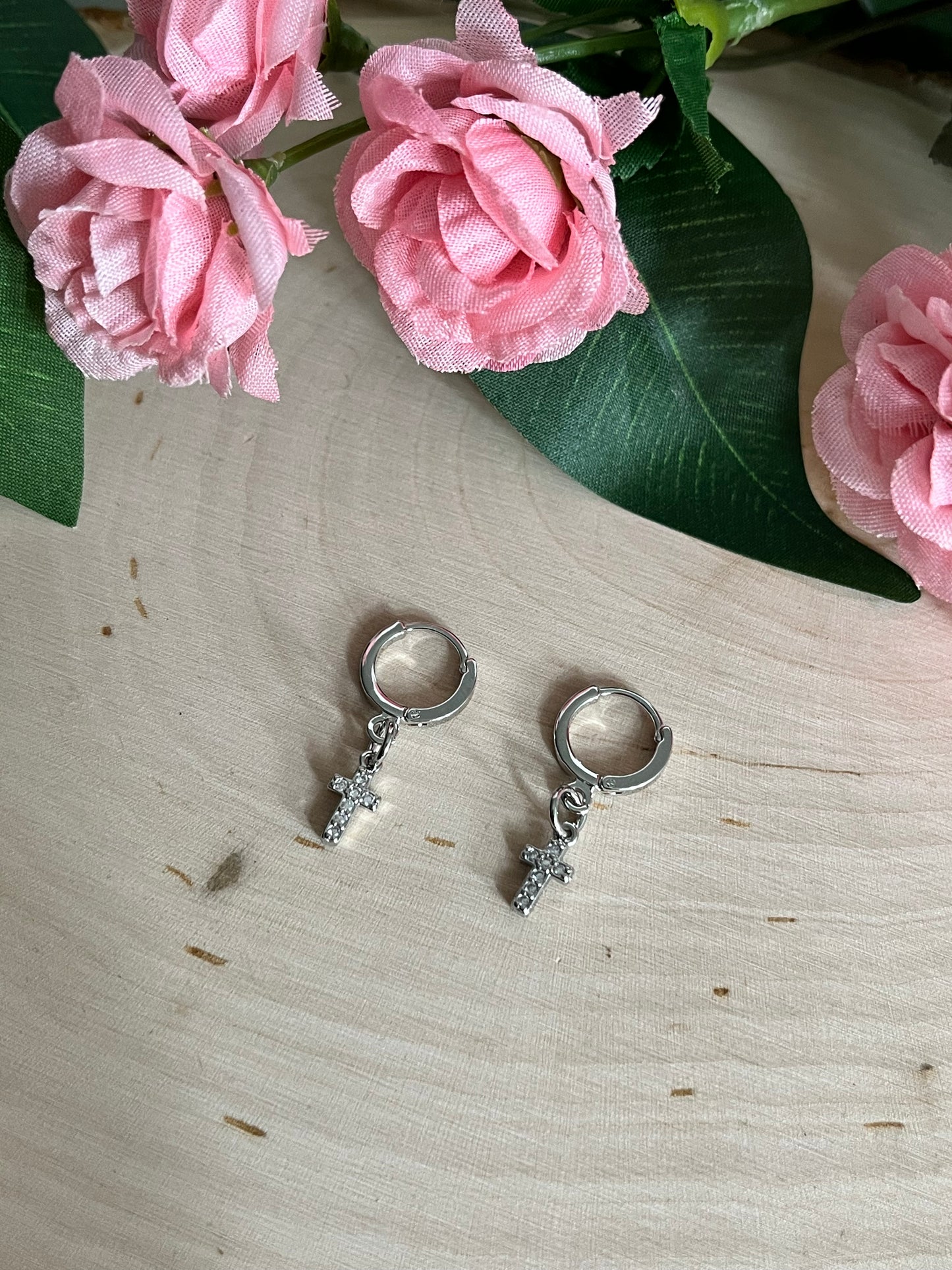 Silver Cross Huggie Hoop Earrings with Lever-Back Closure, 11x12mm Faith-Based Jewelry for Women