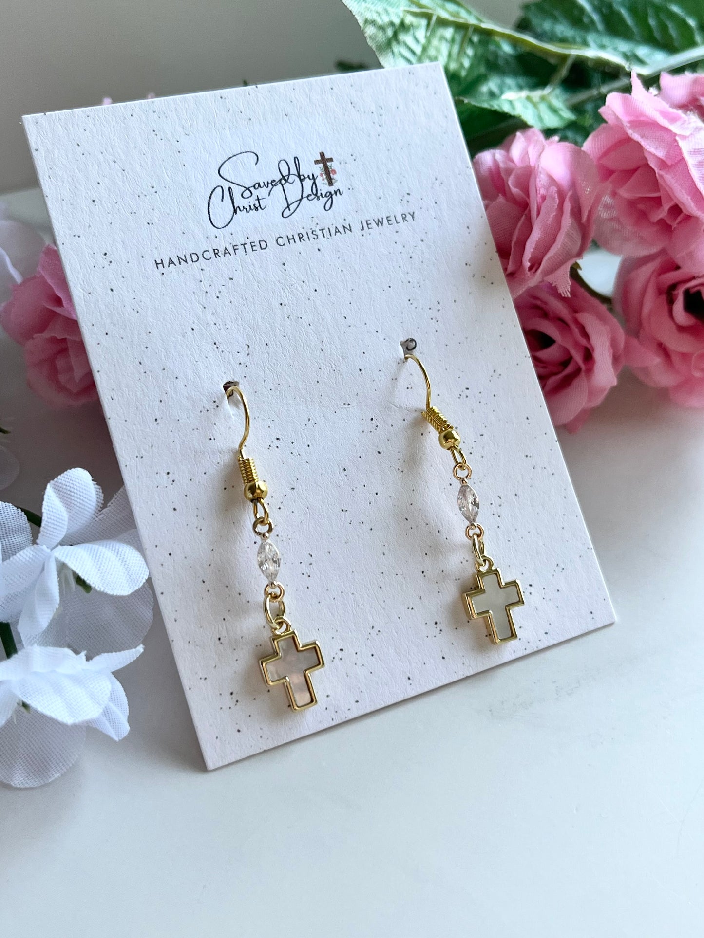 Mother of Pearl Cross Earrings with 18K gold-filled hooks, Christian faith jewelry for women