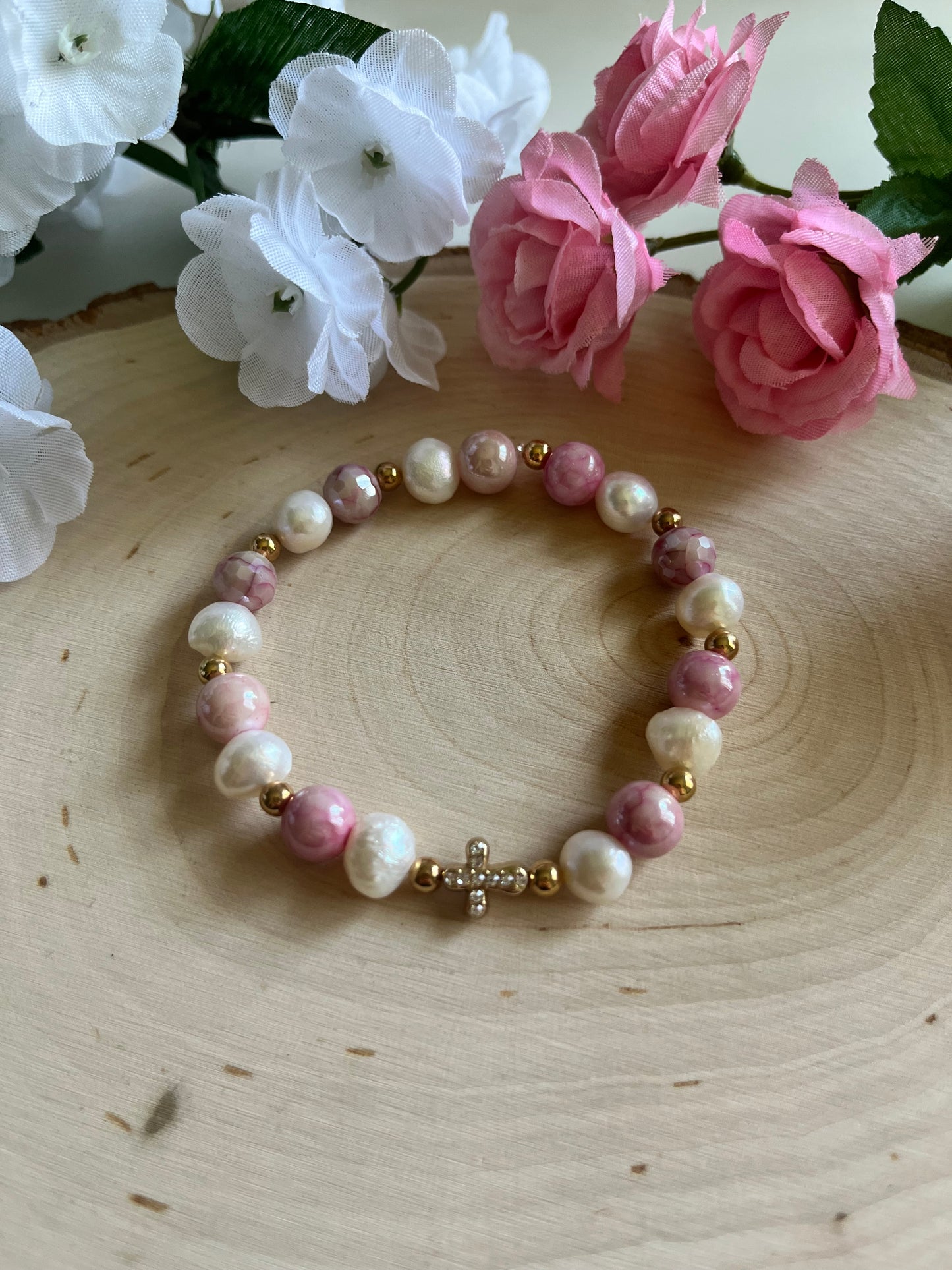 Pink pearl cross bracelet with gold charm, Christian stretch jewelry