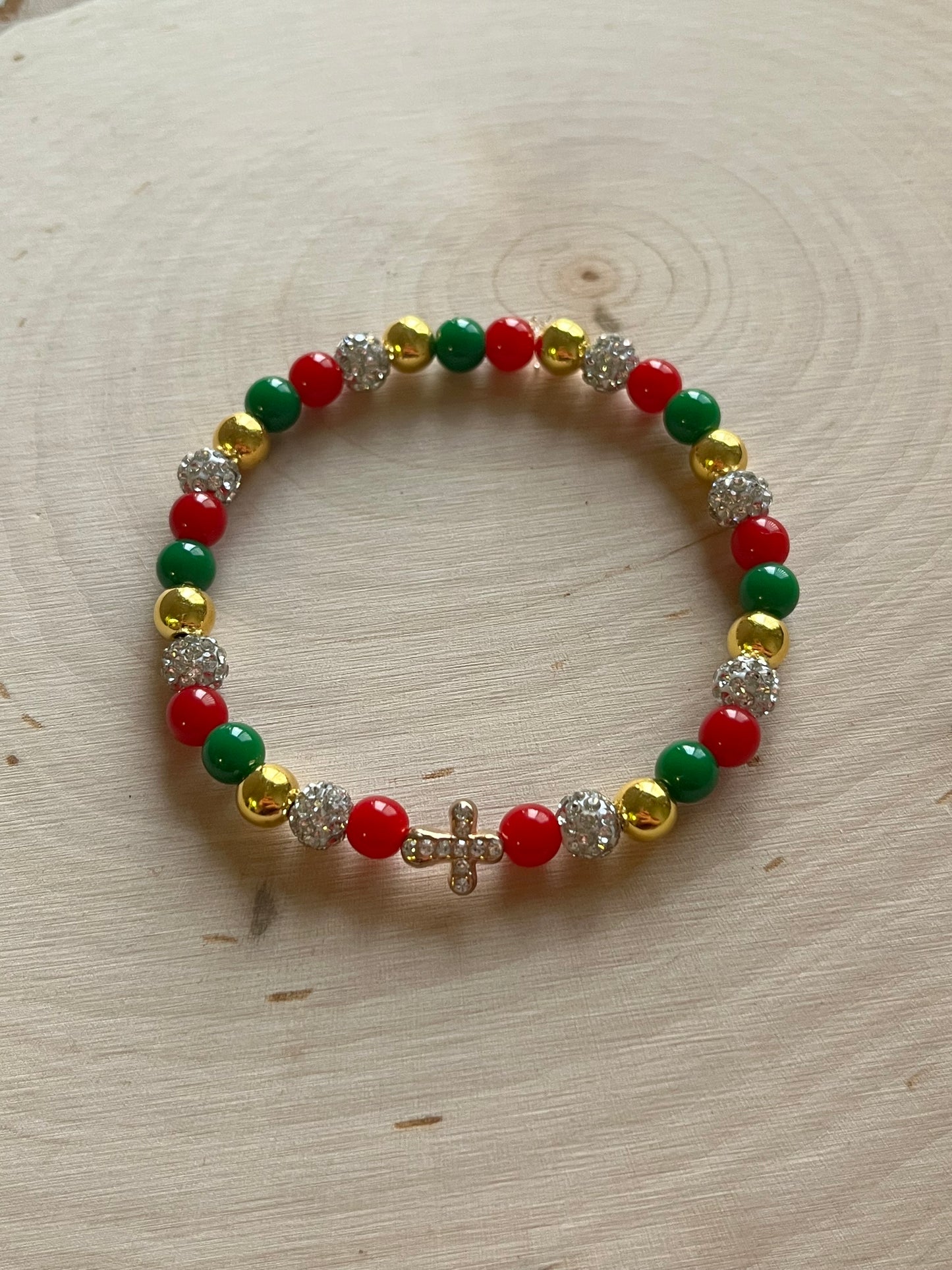 Noel Christmas Cross Bead Bracelet – Faith-Inspired Handmade Jewelry Gift for Christian Women, Holiday Red and Gold Beaded Design