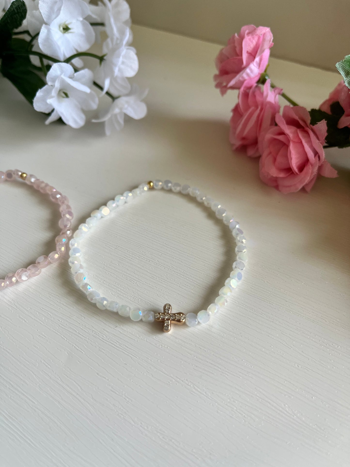 Plated glass cross bead bracelet Christian jewelry handmade