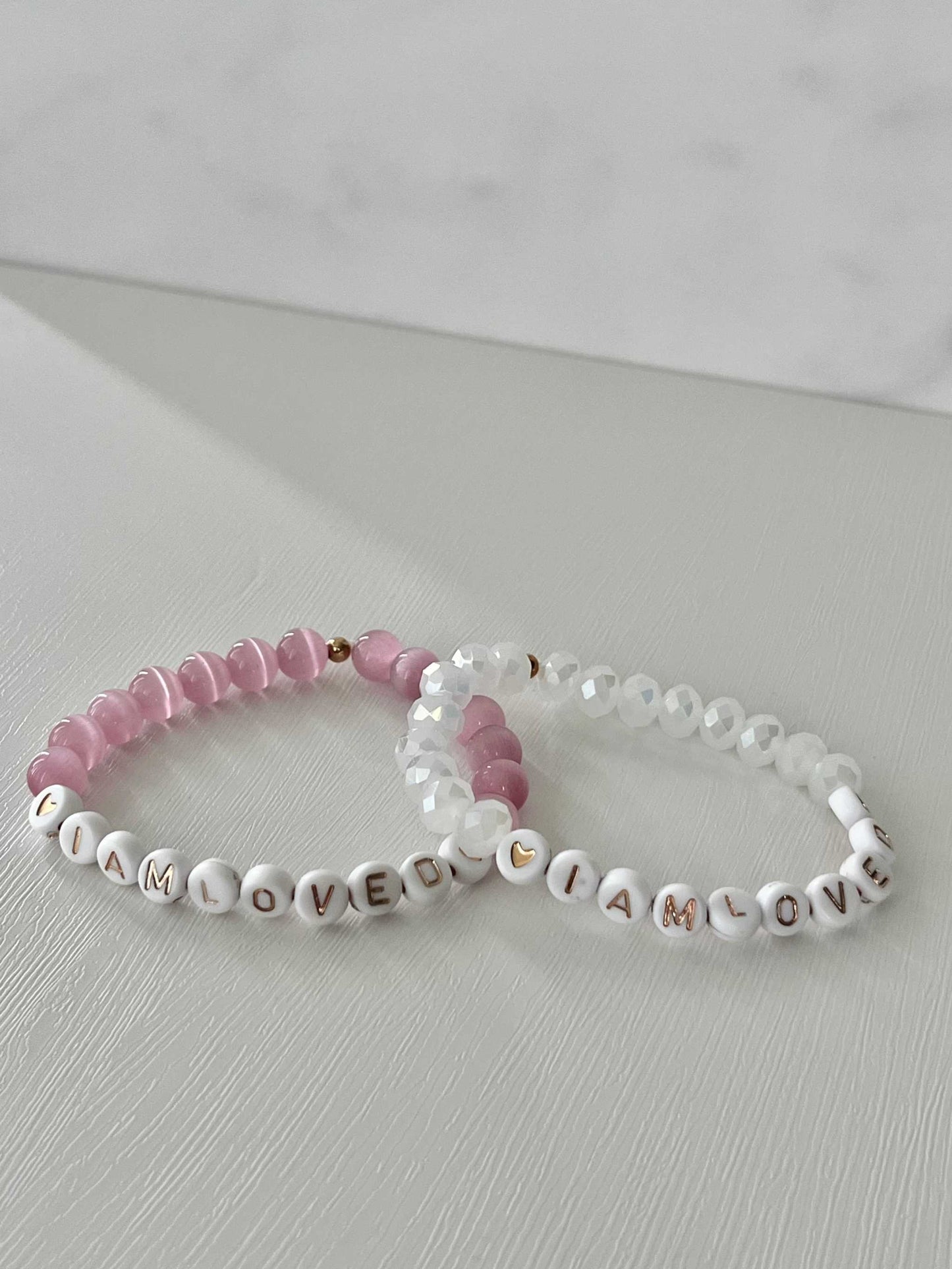 Pink opal and white faceted bead bracelet, I AM LOVED faith jewelry.