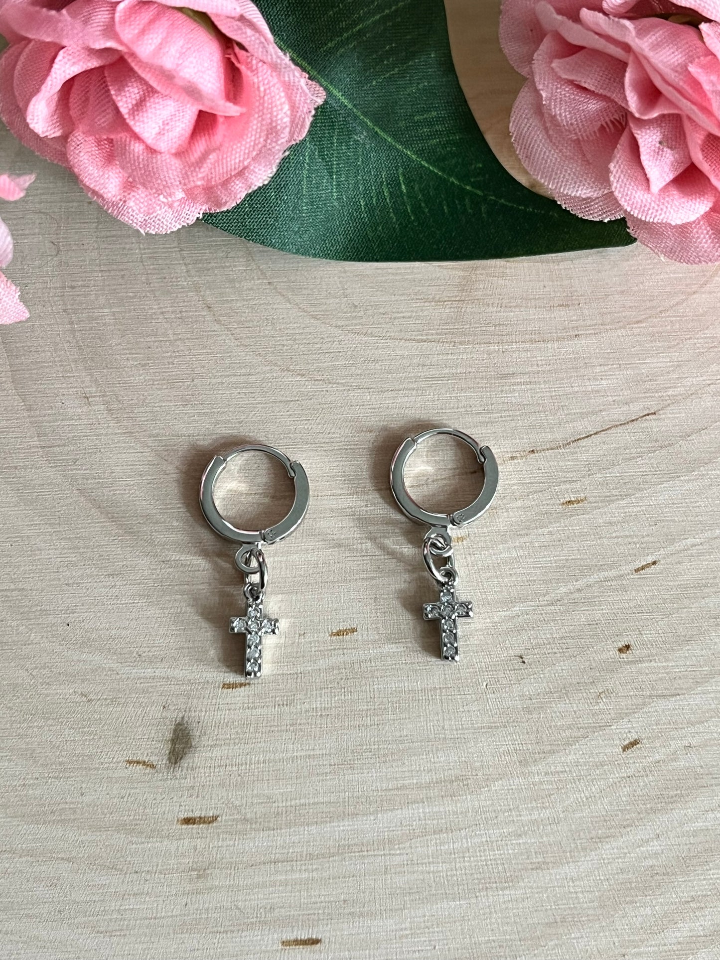 Silver Cross Huggie Hoop Earrings with Lever-Back Closure, 11x12mm Faith-Based Jewelry for Women