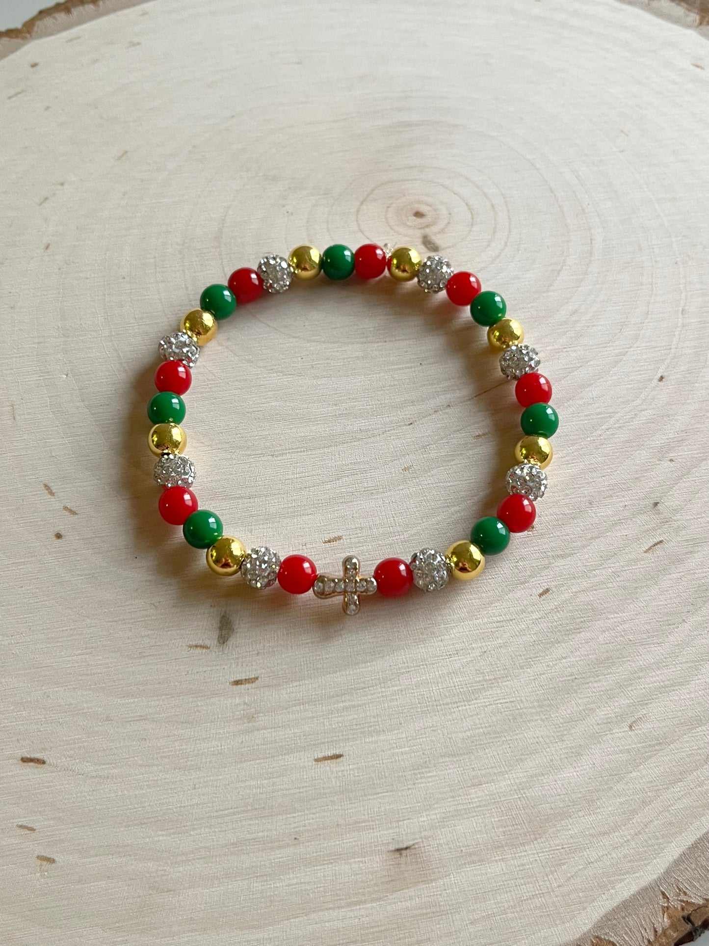 Noel Christmas Cross Bead Bracelet – Faith-Inspired Handmade Jewelry Gift for Christian Women, Holiday Red and Gold Beaded Design