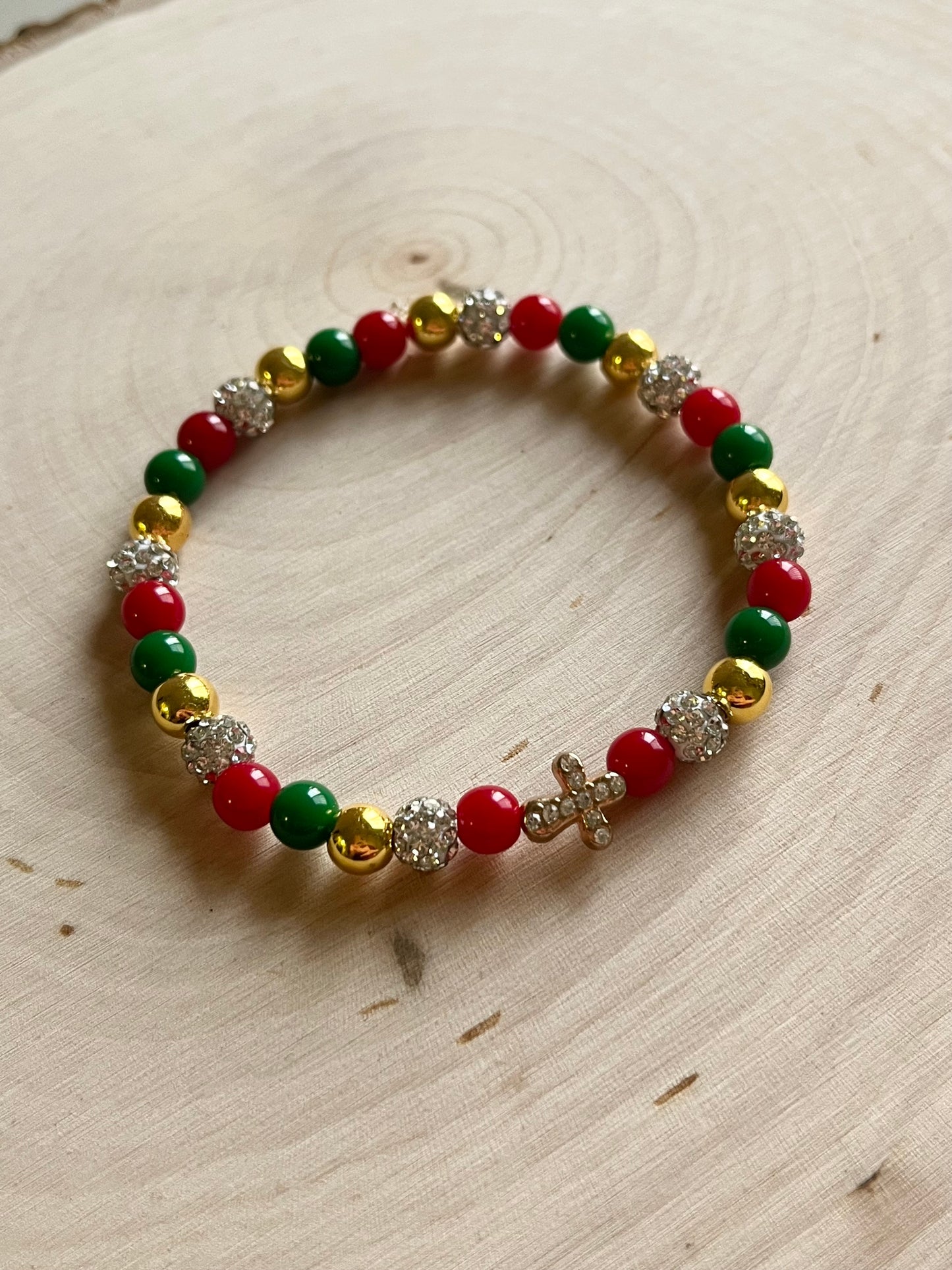 Noel Christmas Cross Bead Bracelet – Faith-Inspired Handmade Jewelry Gift for Christian Women, Holiday Red and Gold Beaded Design