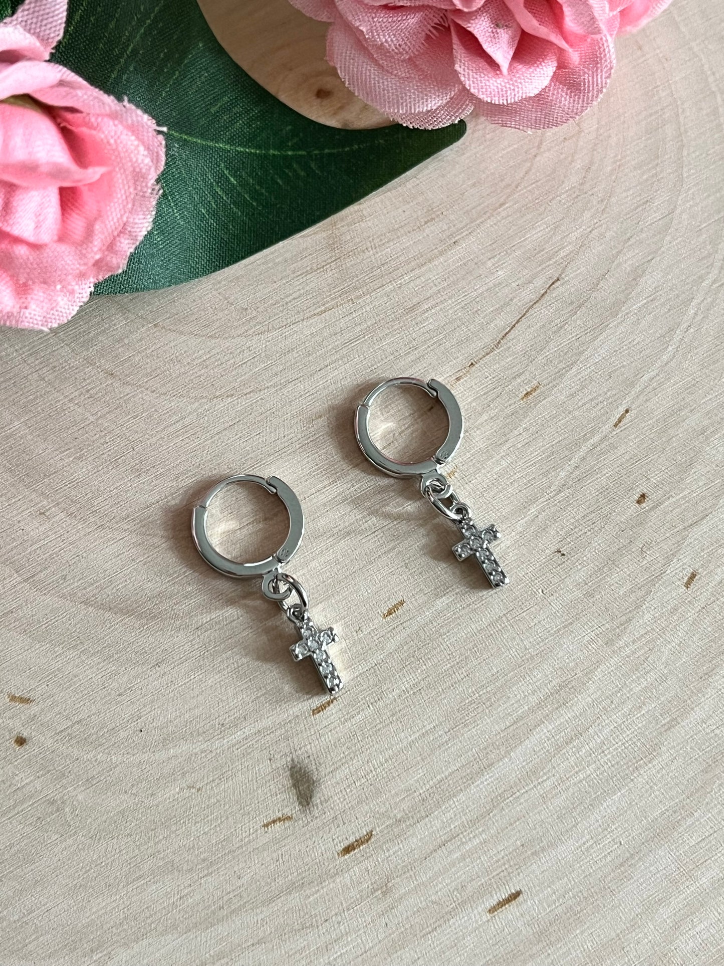 Silver Cross Huggie Hoop Earrings with Lever-Back Closure, 11x12mm Faith-Based Jewelry for Women