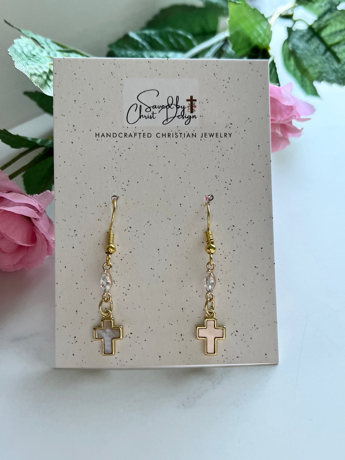 Mother of Pearl Cross Earrings with 18K gold-filled hooks, Christian faith jewelry for women