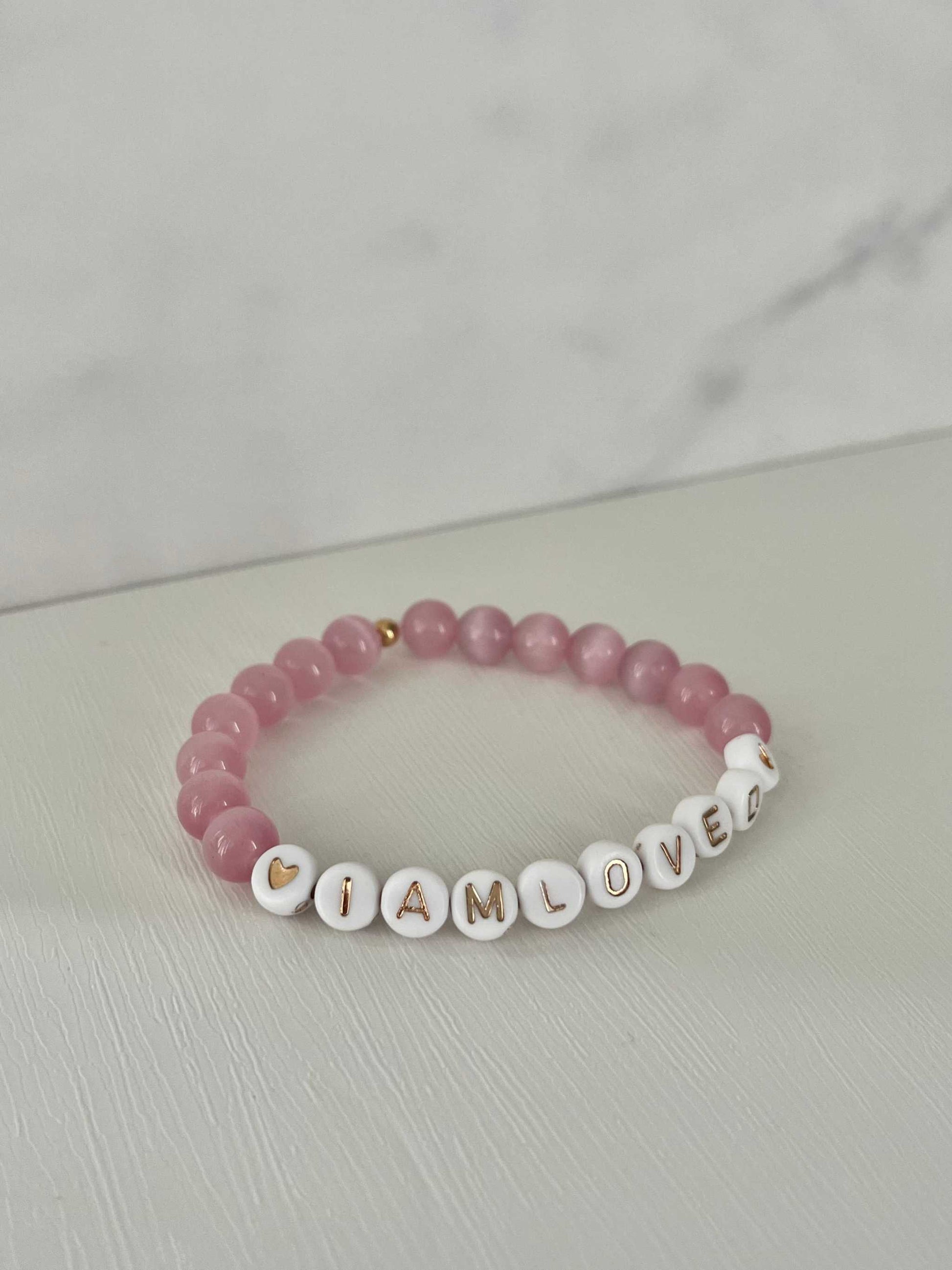 Pink opal and white faceted bead bracelet, I AM LOVED faith jewelry.