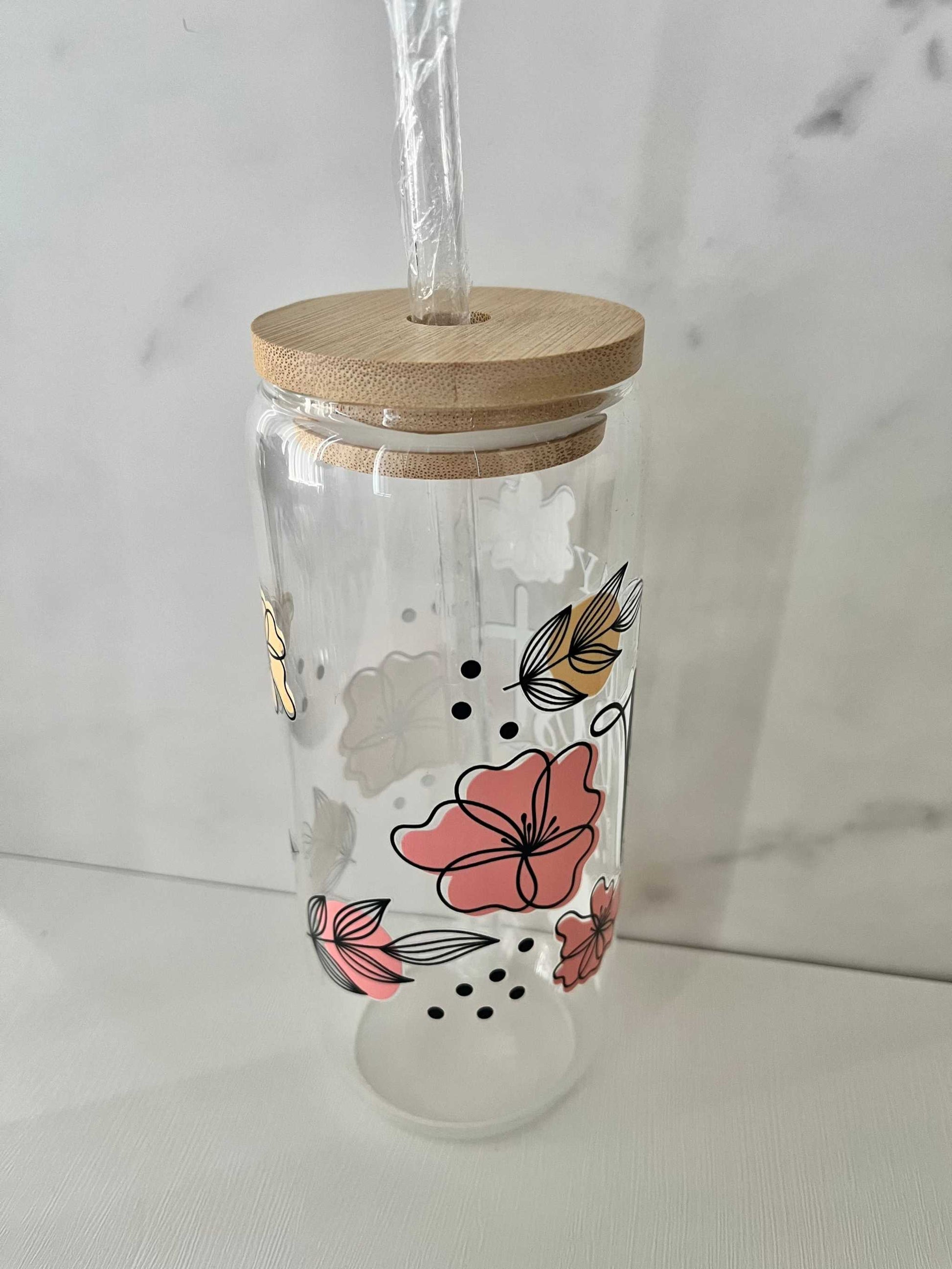 Pray Wait Trust Tumbler, 22oz glass with straw and straw cleaner, faith-inspired drinkware
