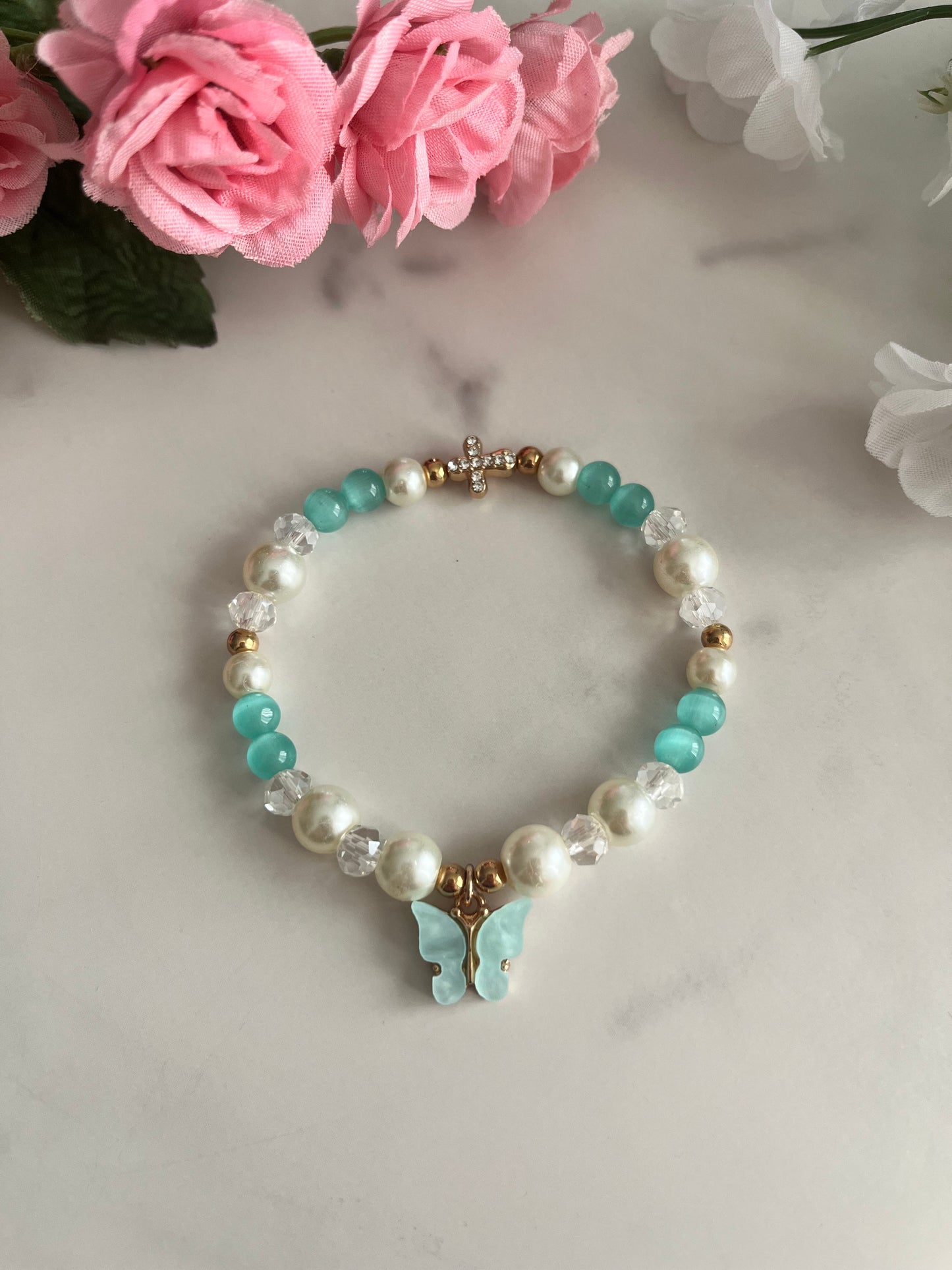 Christian Butterfly Cross Pearl Bead Bracelet with pearl stone and glass beads